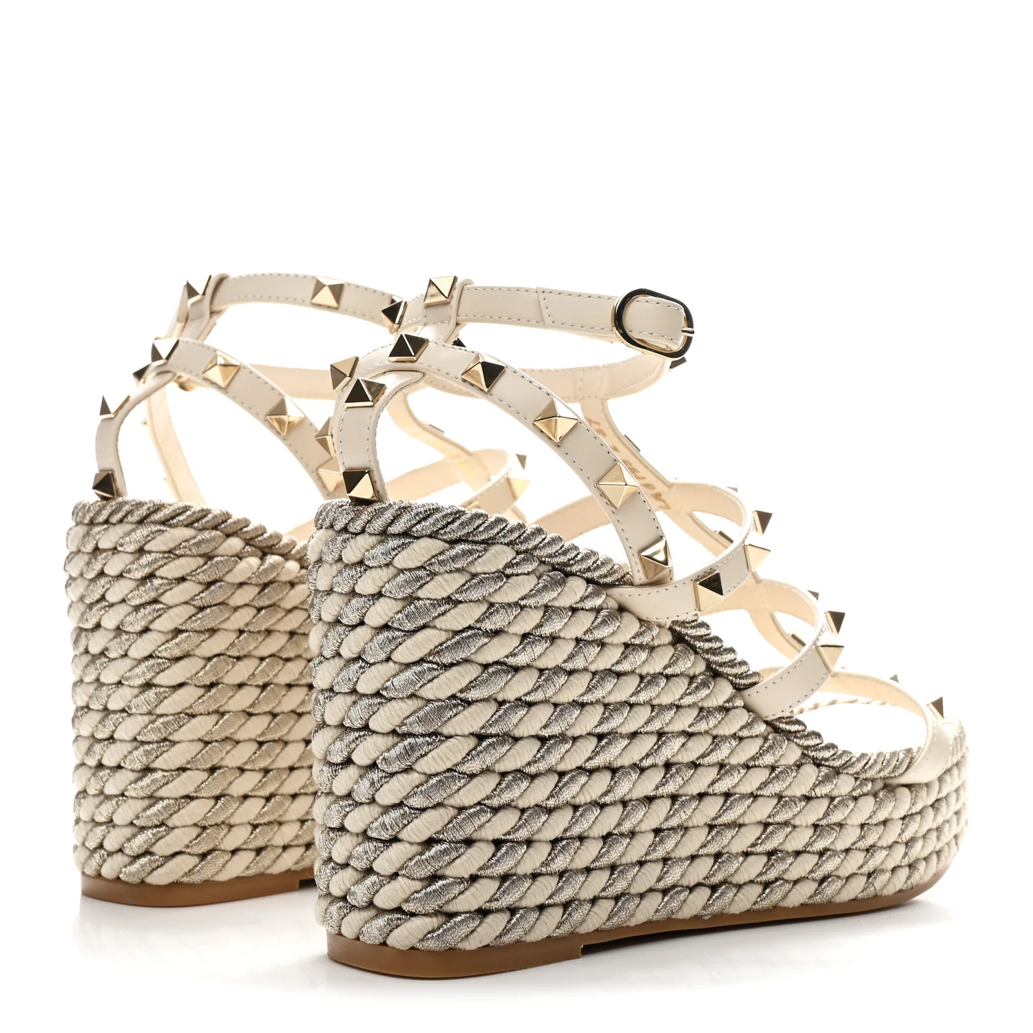 Calfskin Rockstud Ankle Strap Torchon Espadrille Caged 25/95mm Wedge Sandals 37 White - Image 10
