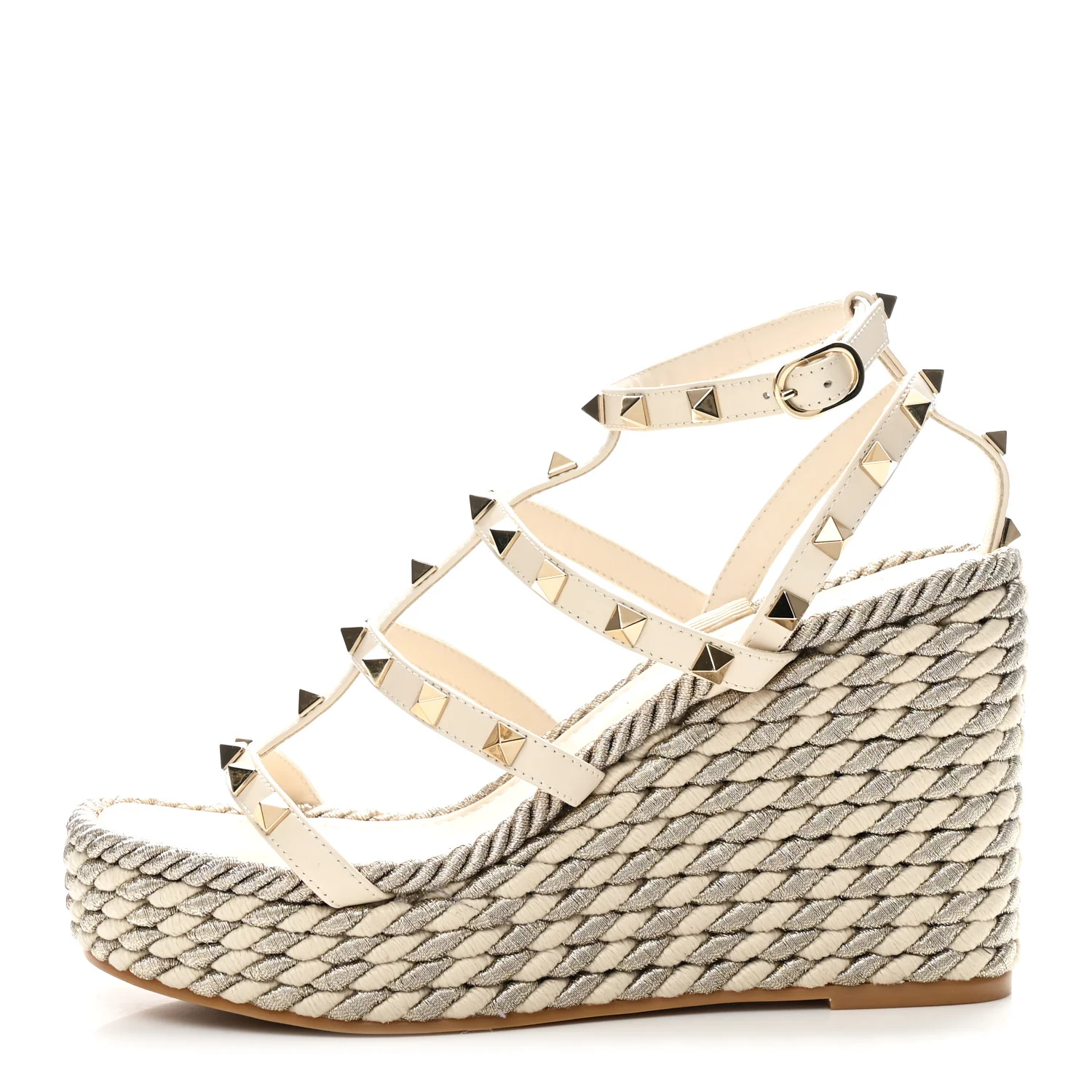 Calfskin Rockstud Ankle Strap Torchon Espadrille Caged 25/95mm Wedge Sandals 37 White - Image 2