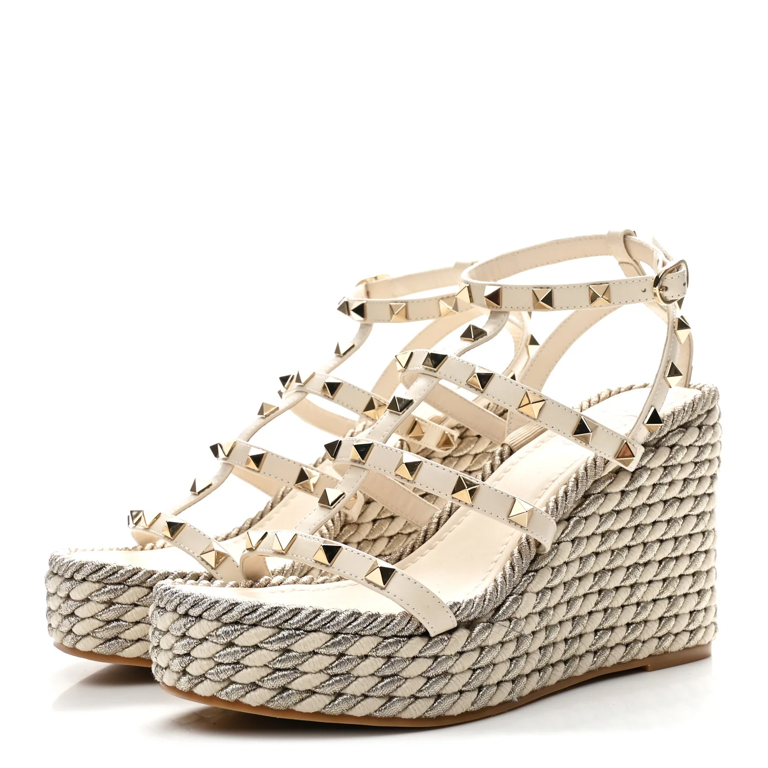 Calfskin Rockstud Ankle Strap Torchon Espadrille Caged 25/95mm Wedge Sandals 37 White - Image 7