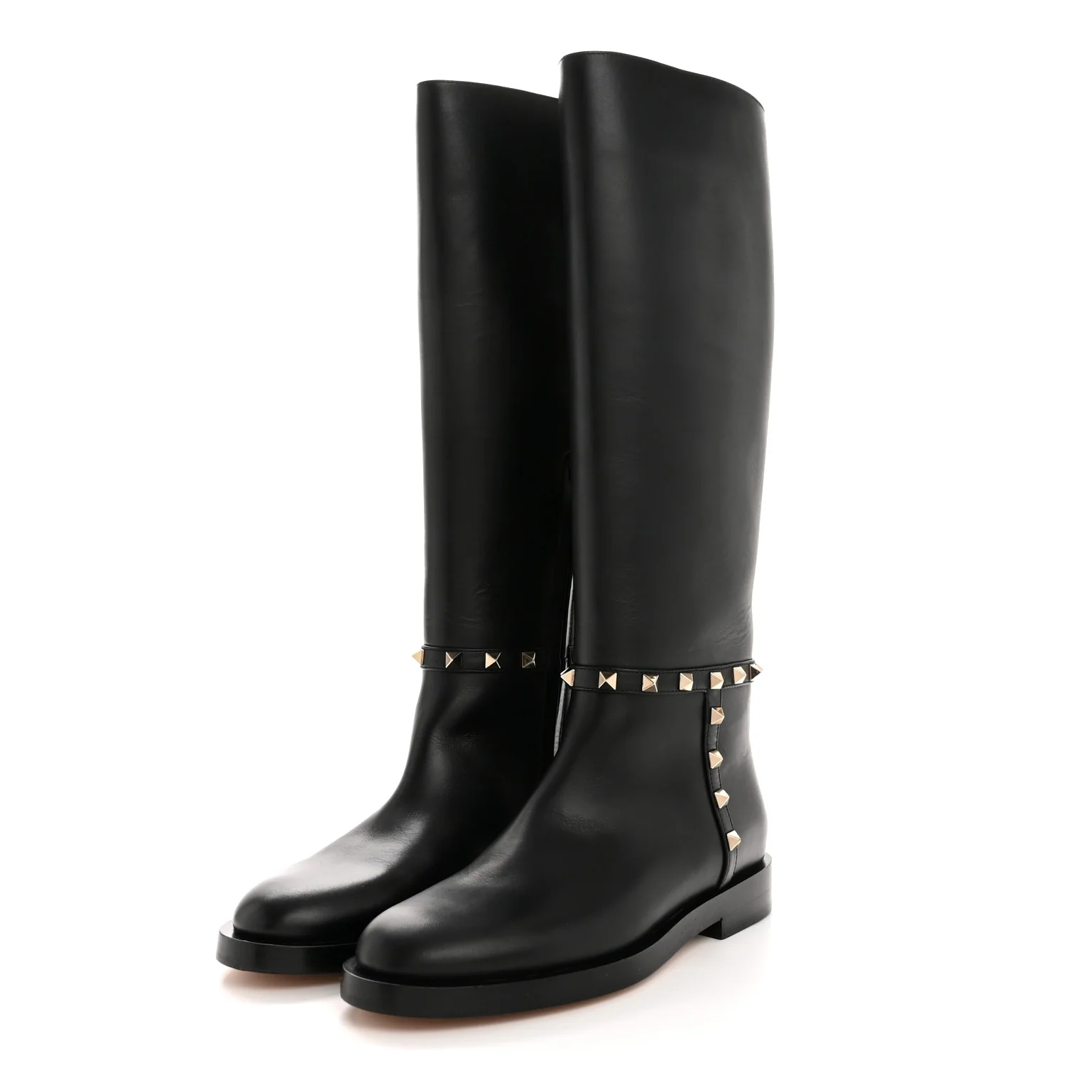 Calfskin Rockstud Knee High Flat Boots 36 Black - Image 3
