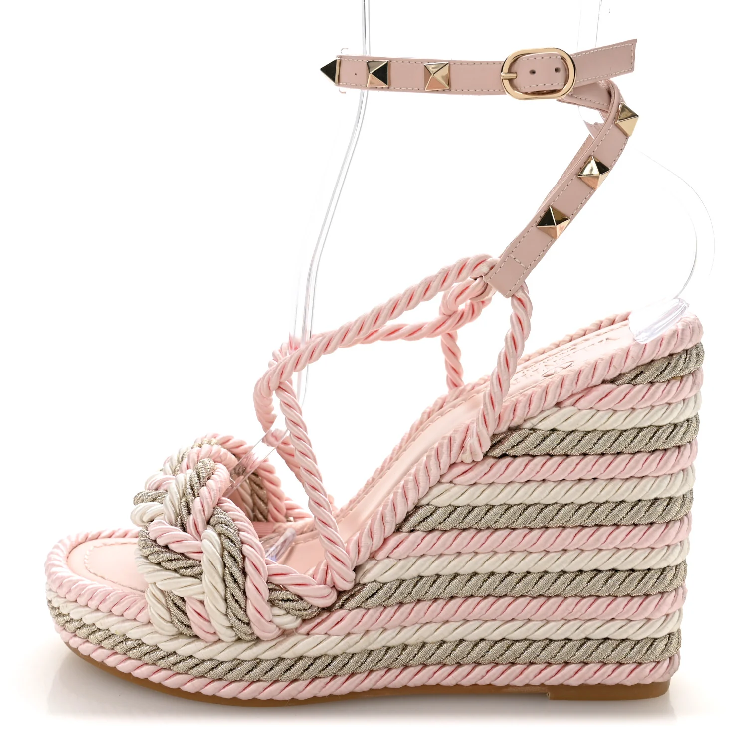 Calfskin Rockstud Rope Espadrille Wedge Sandals 37 Pink