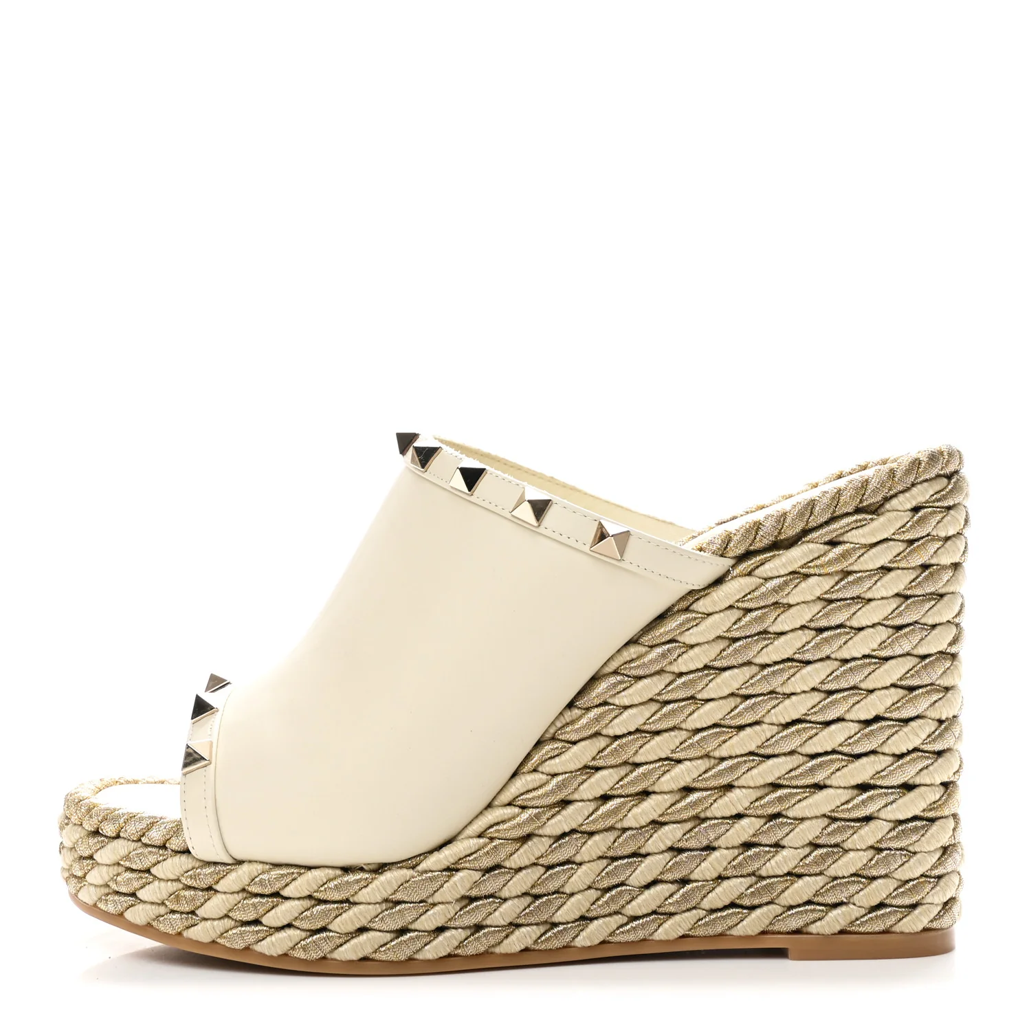 Calfskin Silk Rockstud Torchon Espadrille Wedge 25/115mm Slide Sandals 39 Light Ivory