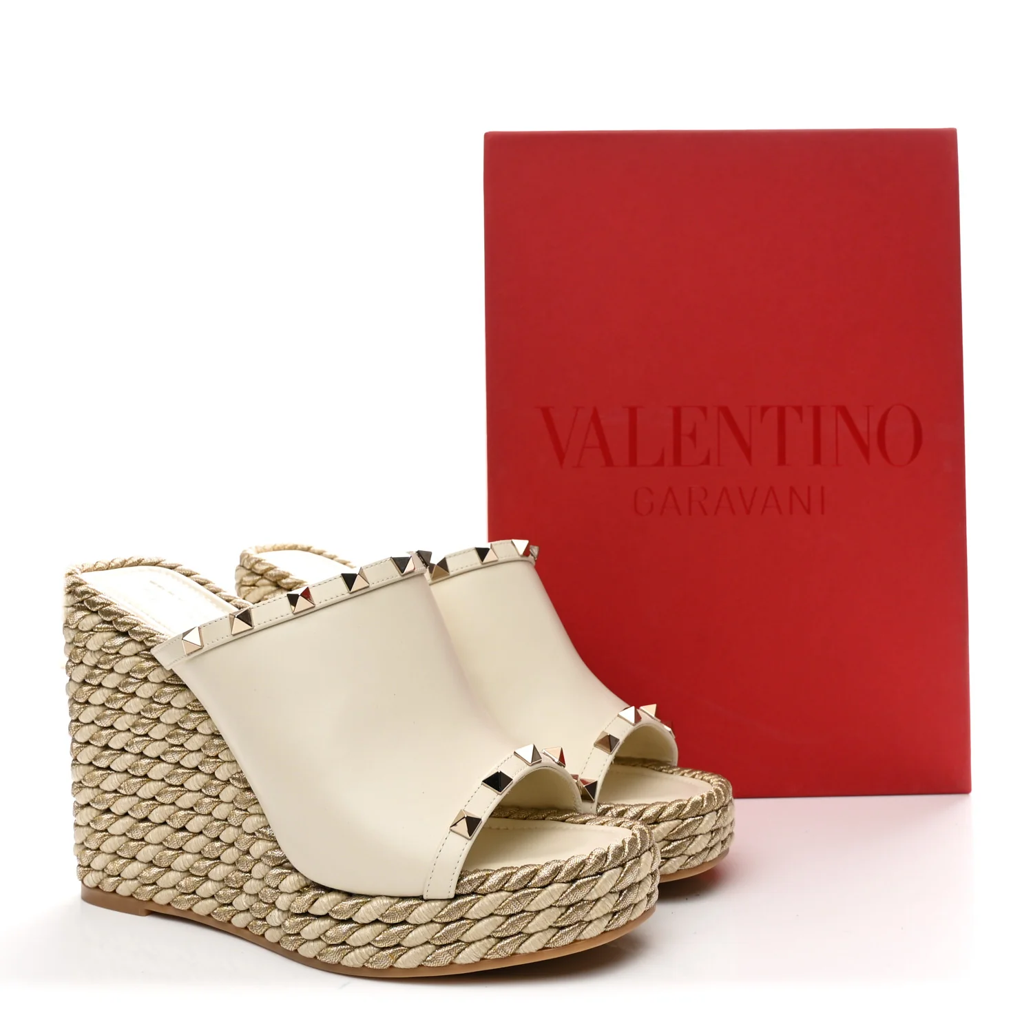 Calfskin Silk Rockstud Torchon Espadrille Wedge 25/115mm Slide Sandals 39 Light Ivory - Image 10