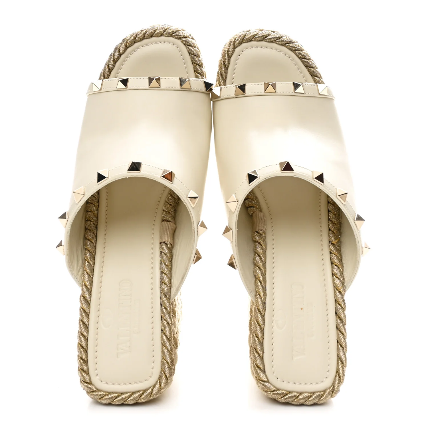 Calfskin Silk Rockstud Torchon Espadrille Wedge 25/115mm Slide Sandals 39 Light Ivory - Image 2