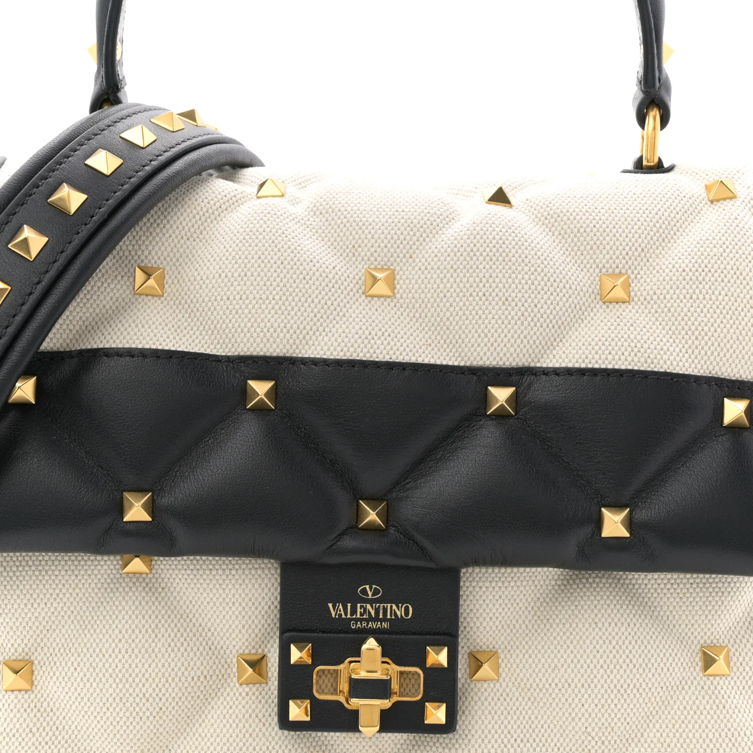 Canvas Calfskin Medium Candystud Top Handle Bag Black Beige - Image 12