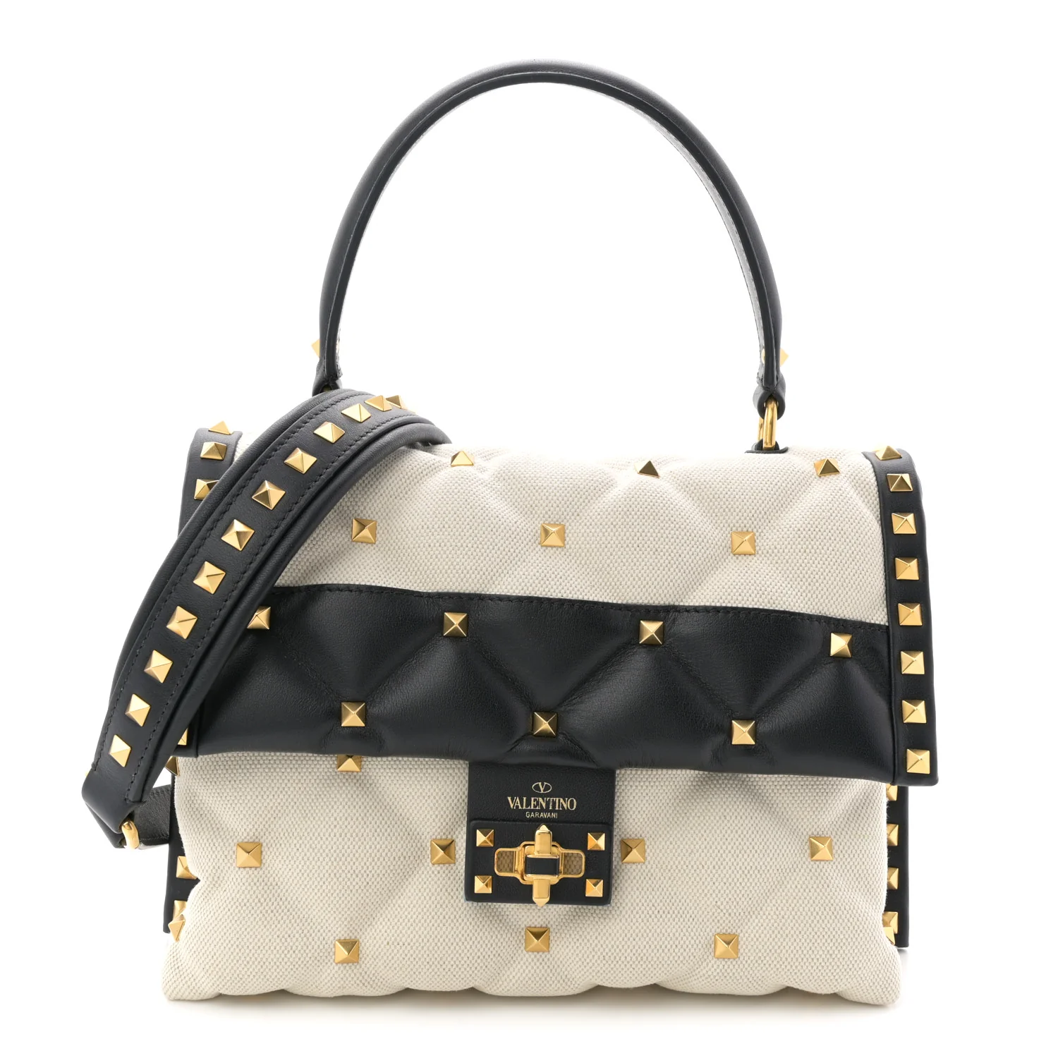 Canvas Calfskin Medium Candystud Top Handle Bag Black Beige - Image 2