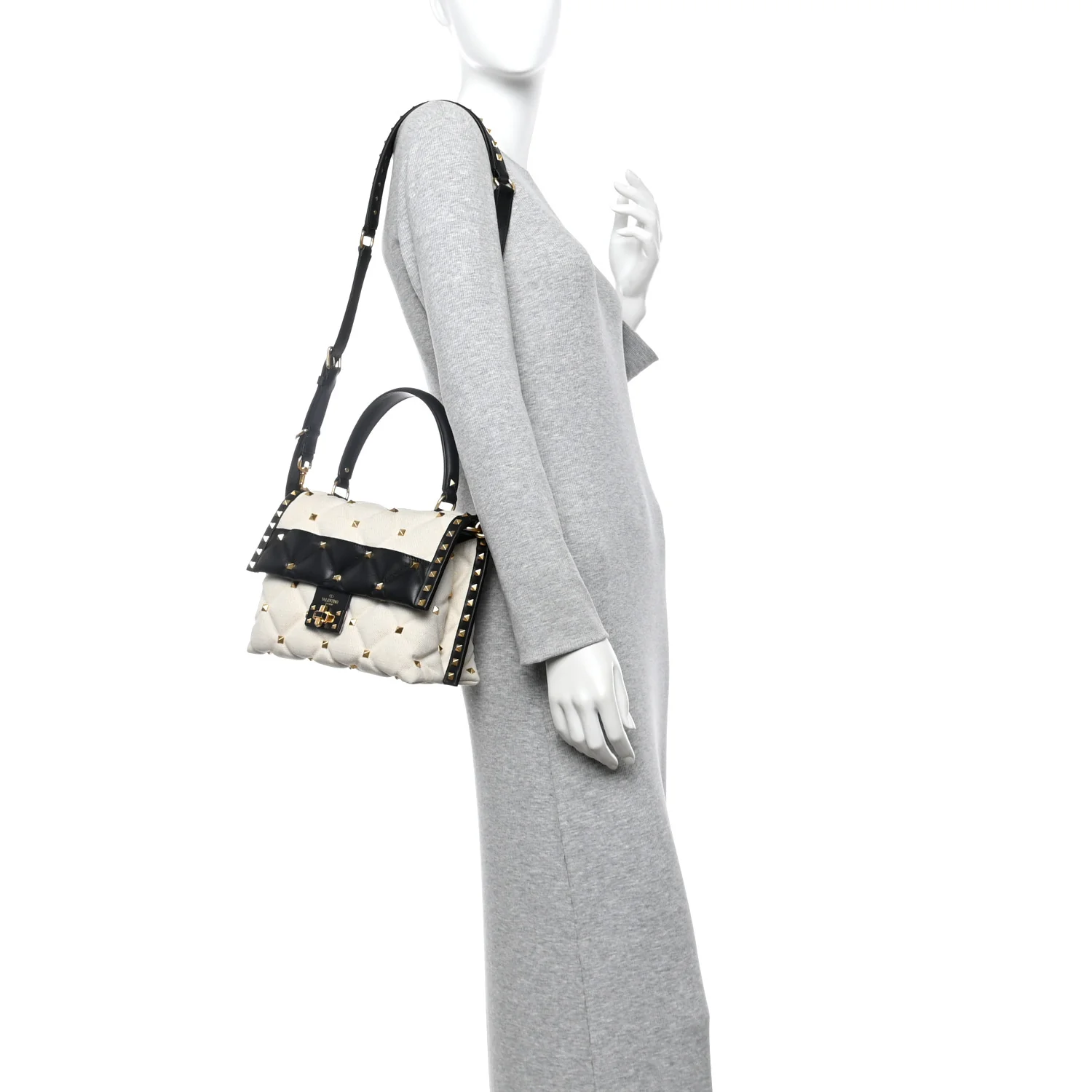 Canvas Calfskin Medium Candystud Top Handle Bag Black Beige - Image 3