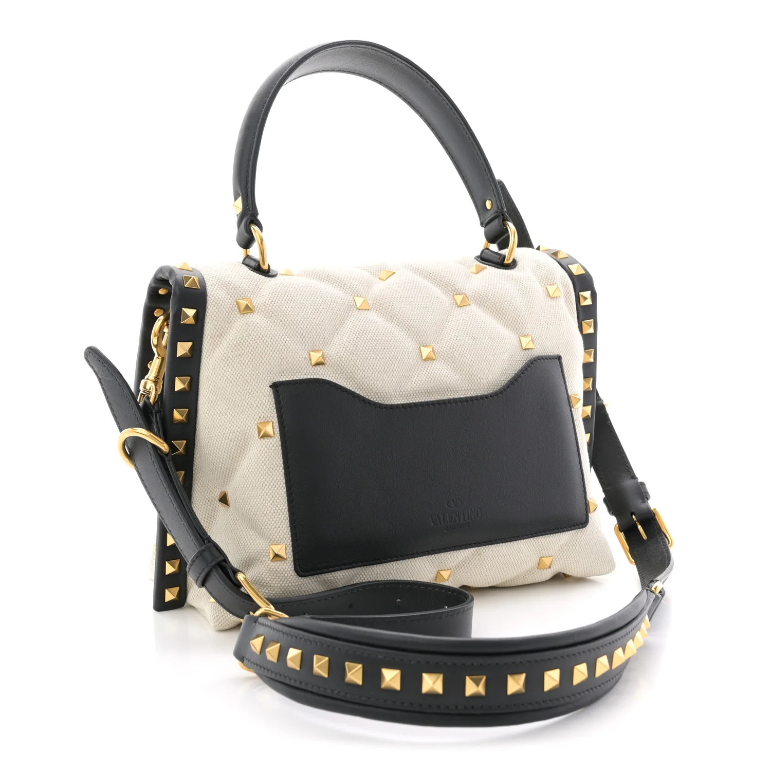 Canvas Calfskin Medium Candystud Top Handle Bag Black Beige - Image 5