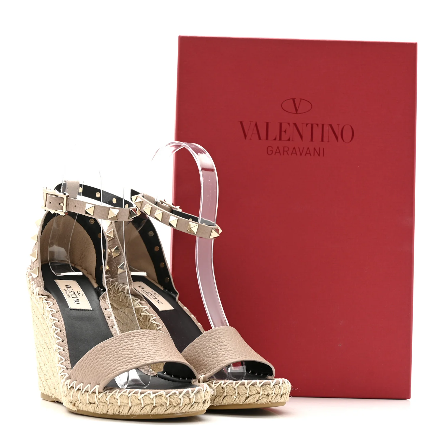 Grained Calfskin Rockstud Ankle Strap Espadrille 15/105mm Wedge Sandals 35 Poudre Natural - Image 12
