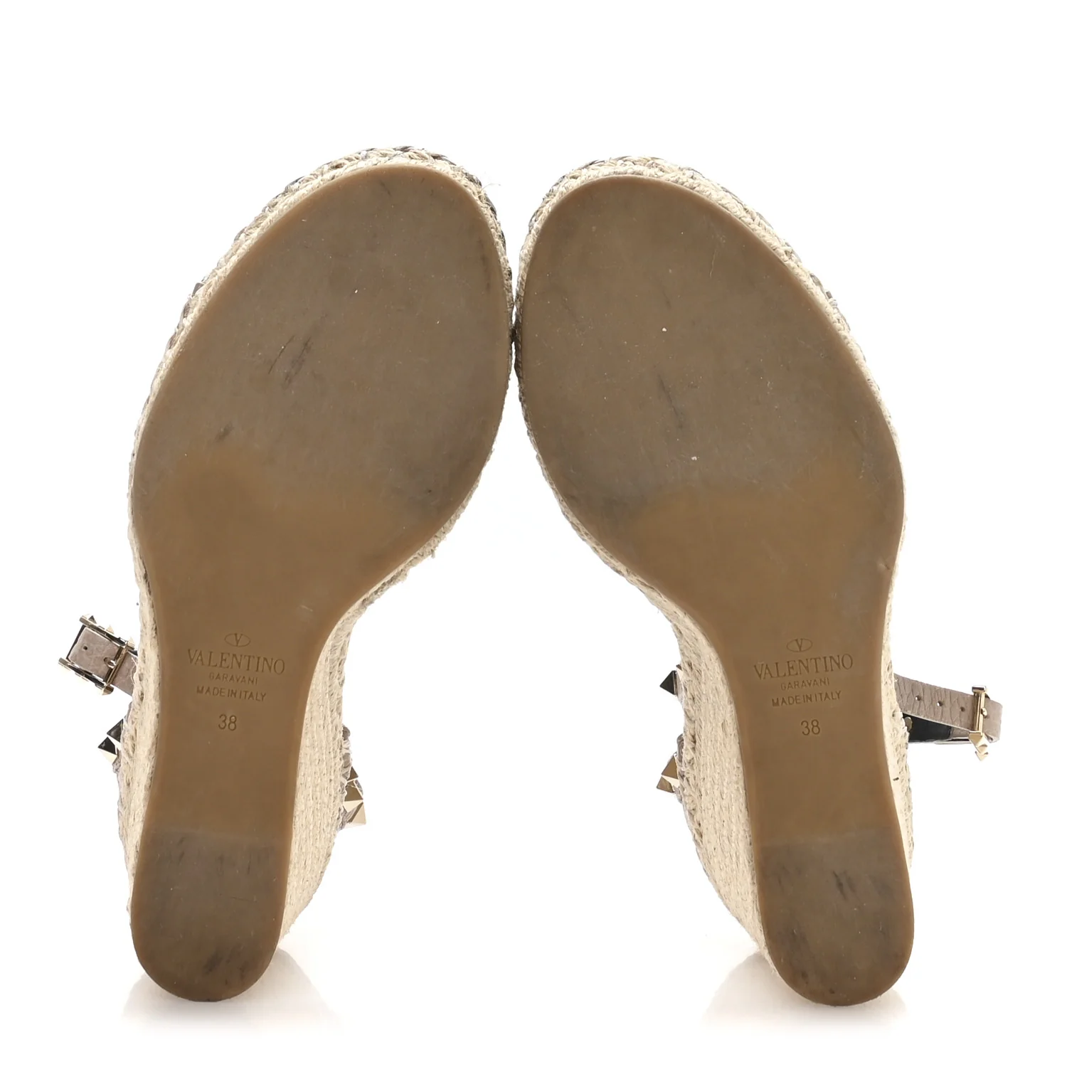 Grained Calfskin Rockstud Ankle Strap Espadrille 15/105mm Wedge Sandals 38 Rose Quartz Natural - Image 11