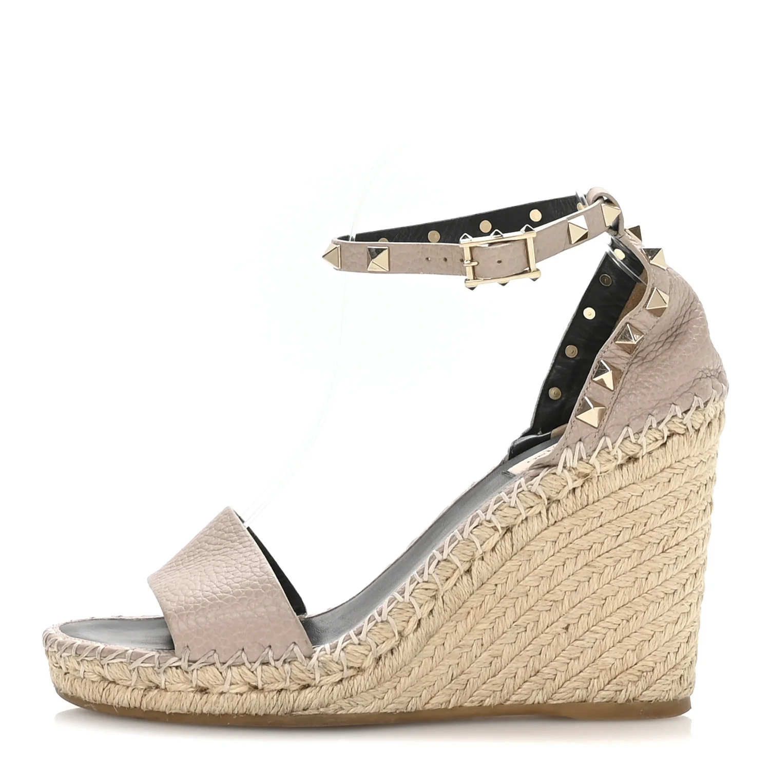 Grained Calfskin Rockstud Ankle Strap Espadrille 15/105mm Wedge Sandals 38 Rose Quartz Natural - Image 2