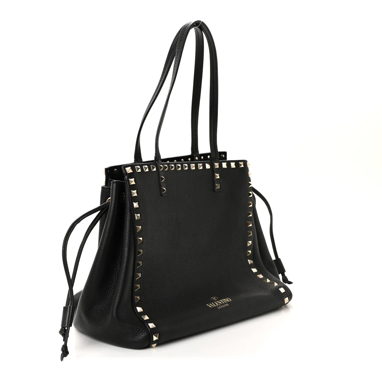 Grained Calfskin Rockstud Double Handle Cinch Tote Black - Image 3