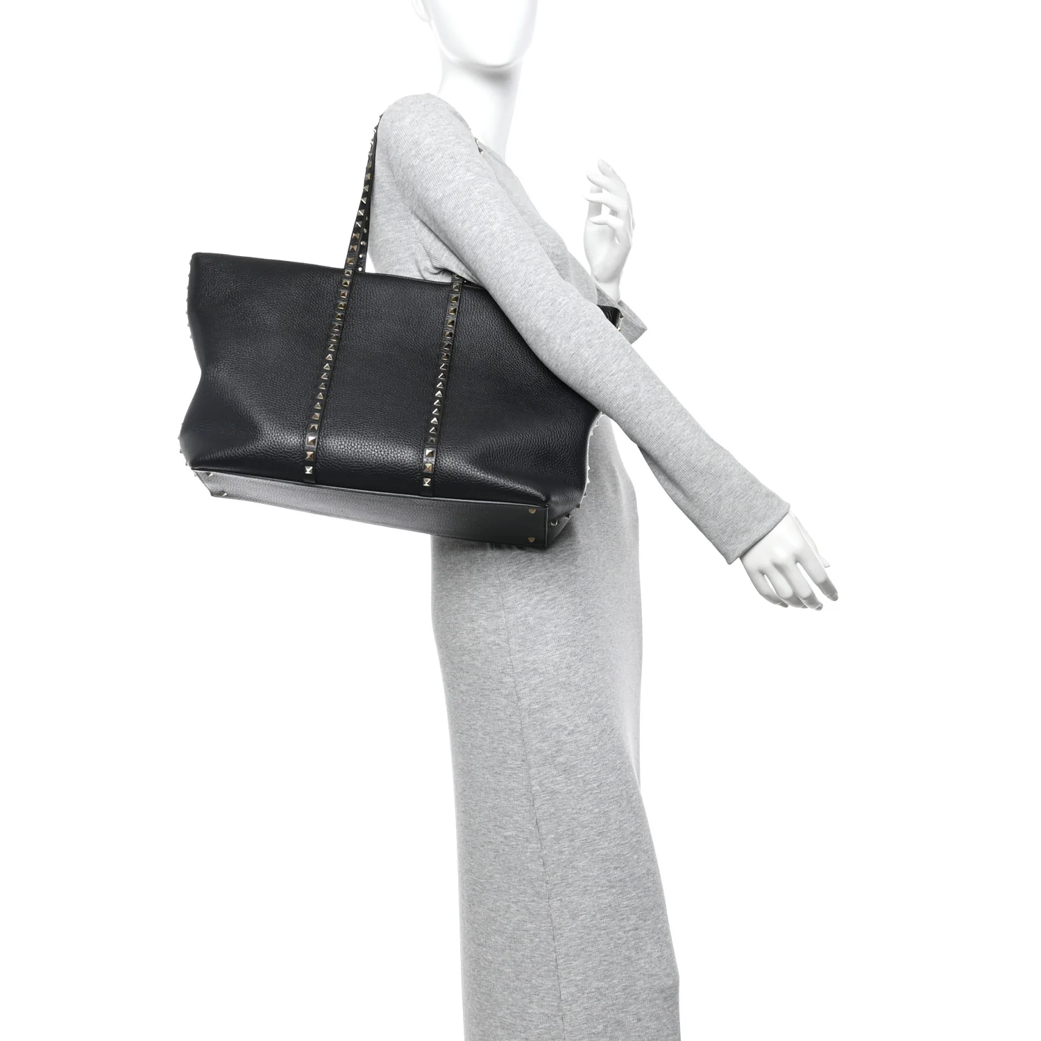 Grained Calfskin Rockstud Shopping Bag Black - Image 2