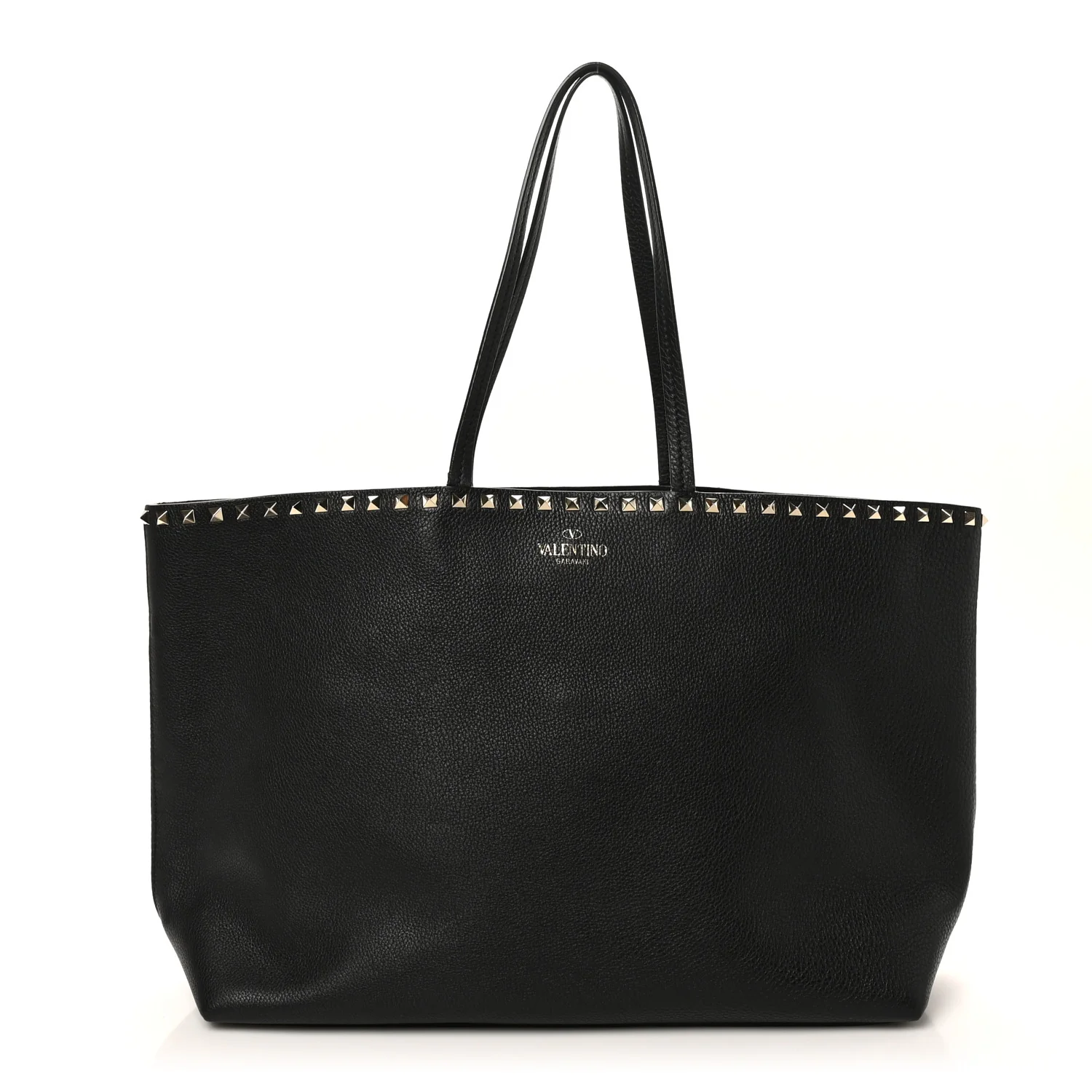 Grained Calfskin Rockstud Shoulder Tote Black