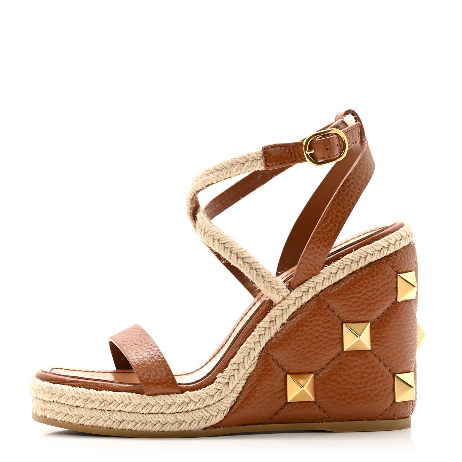 Grained Calfskin Roman Stud Espadrille Wedge Ankle Wrap Sandals 35.5 Selleria