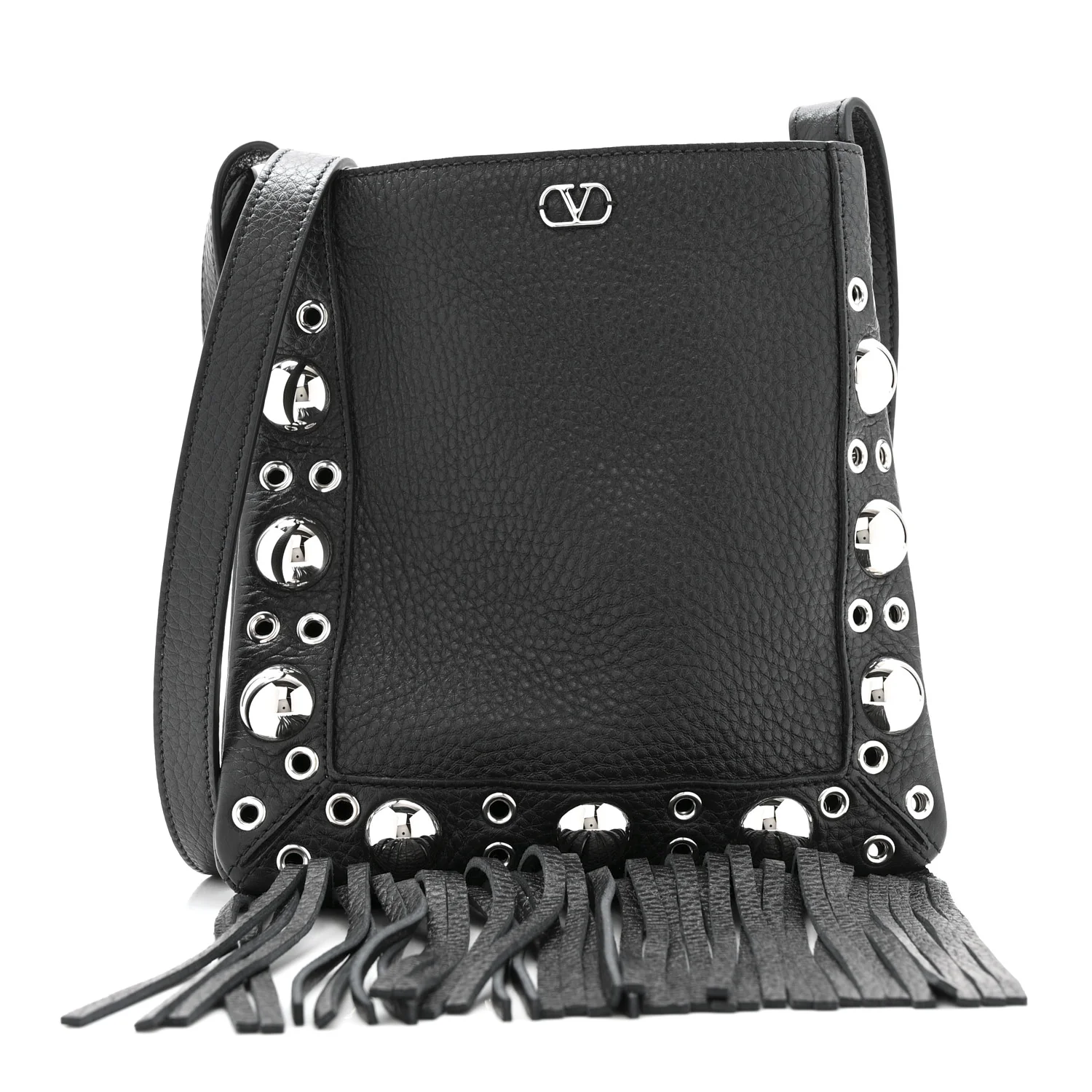 Grained Calfskin Studded Nellcote Fringe Shoulder Bag Black