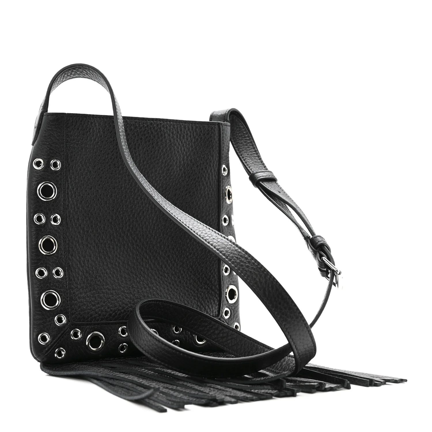 Grained Calfskin Studded Nellcote Fringe Shoulder Bag Black - Image 3