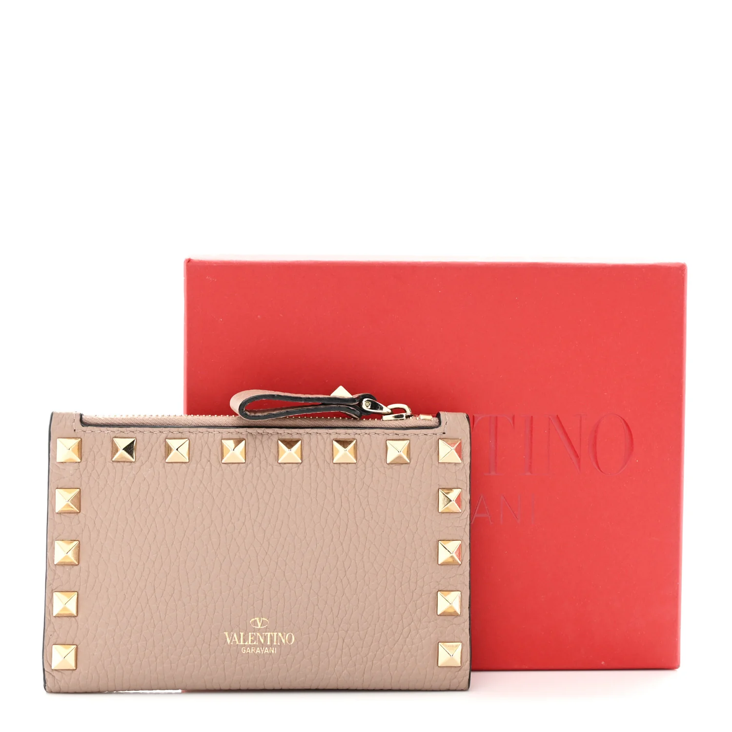 Grainy Calfskin Rockstud Coin Purse Card Holder Poudre - Image 8