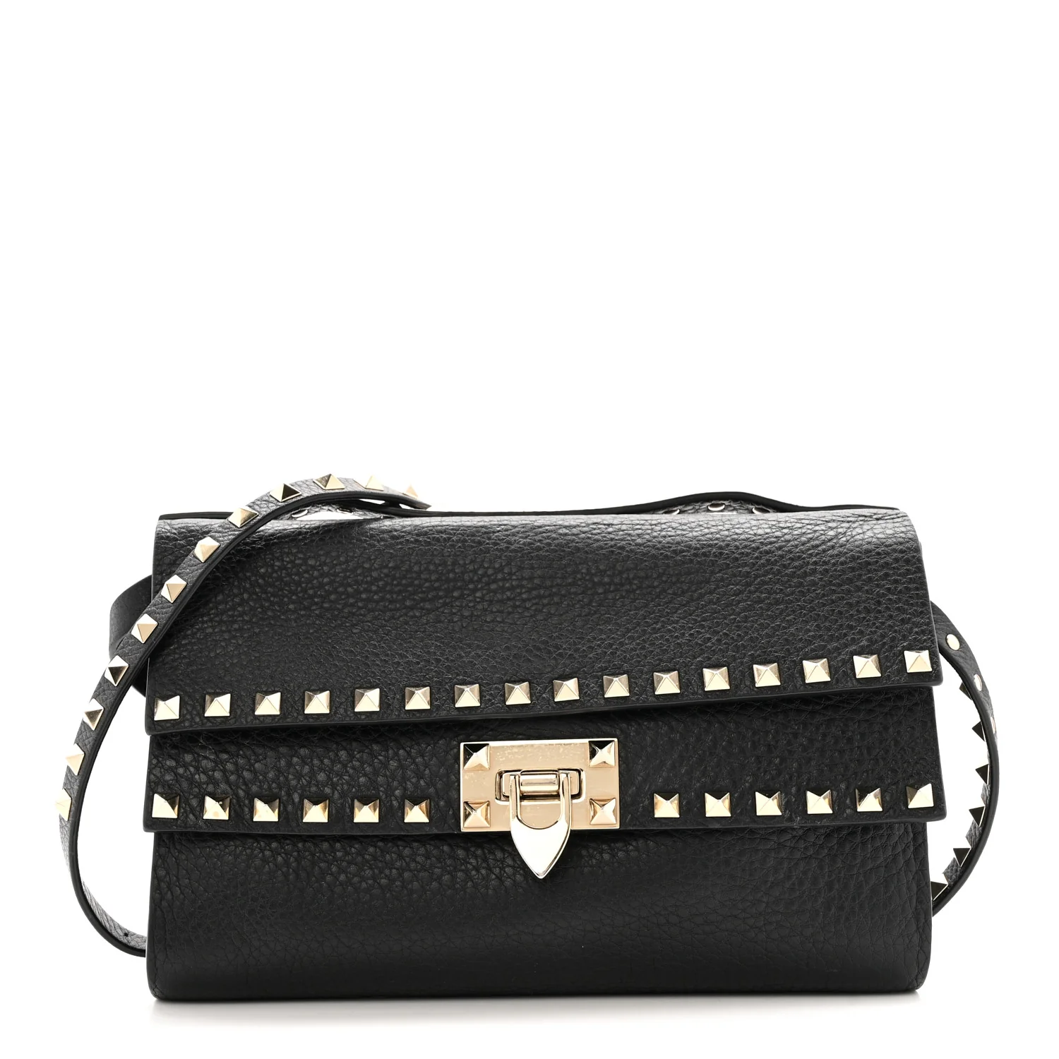 Grainy Calfskin Rockstud Double Flap Crossbody Bag Black