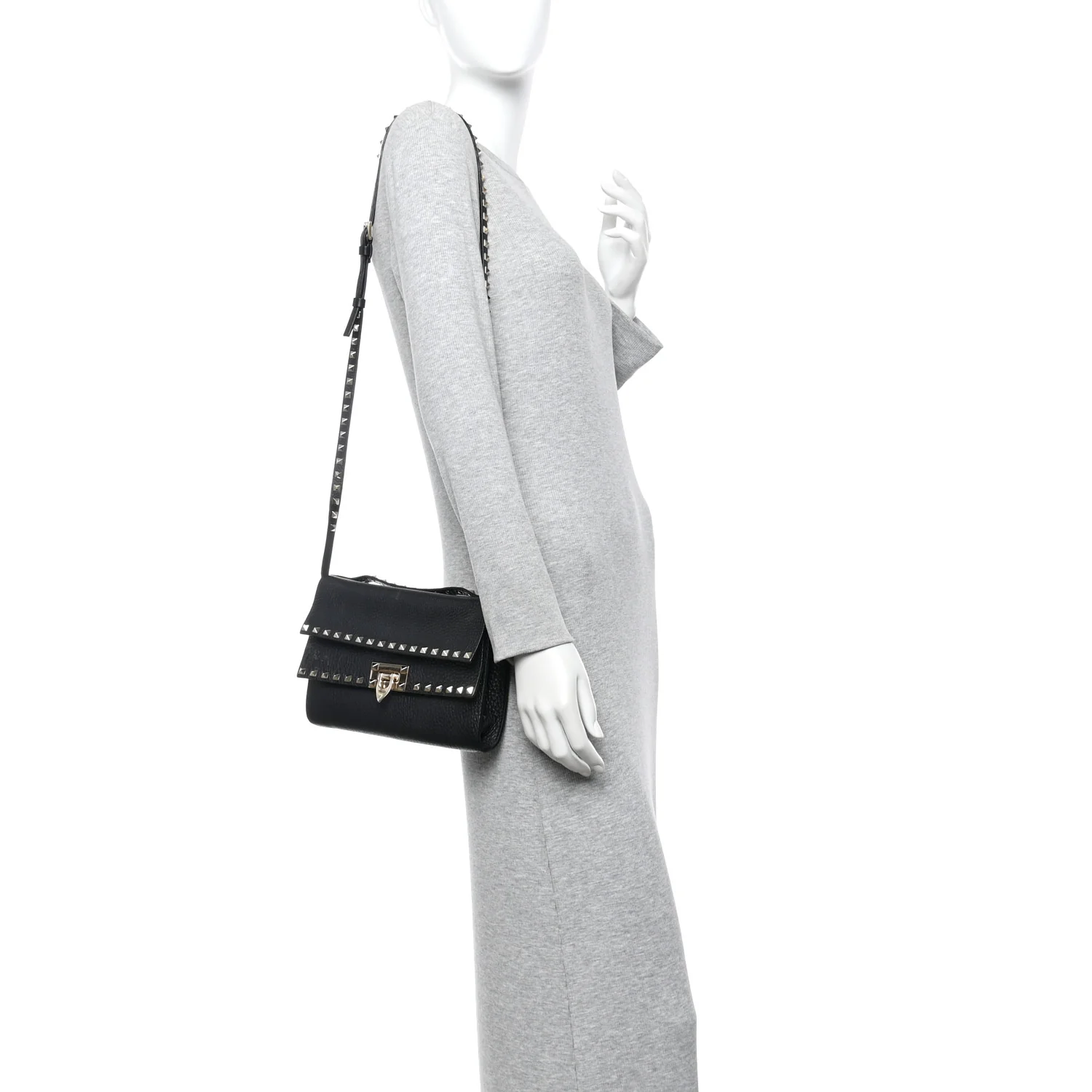 Grainy Calfskin Rockstud Double Flap Crossbody Bag Black - Image 2