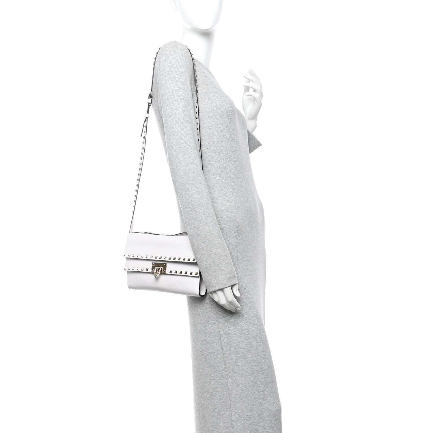 Grainy Calfskin Rockstud Double Flap Crossbody Bag Ivory - Image 2