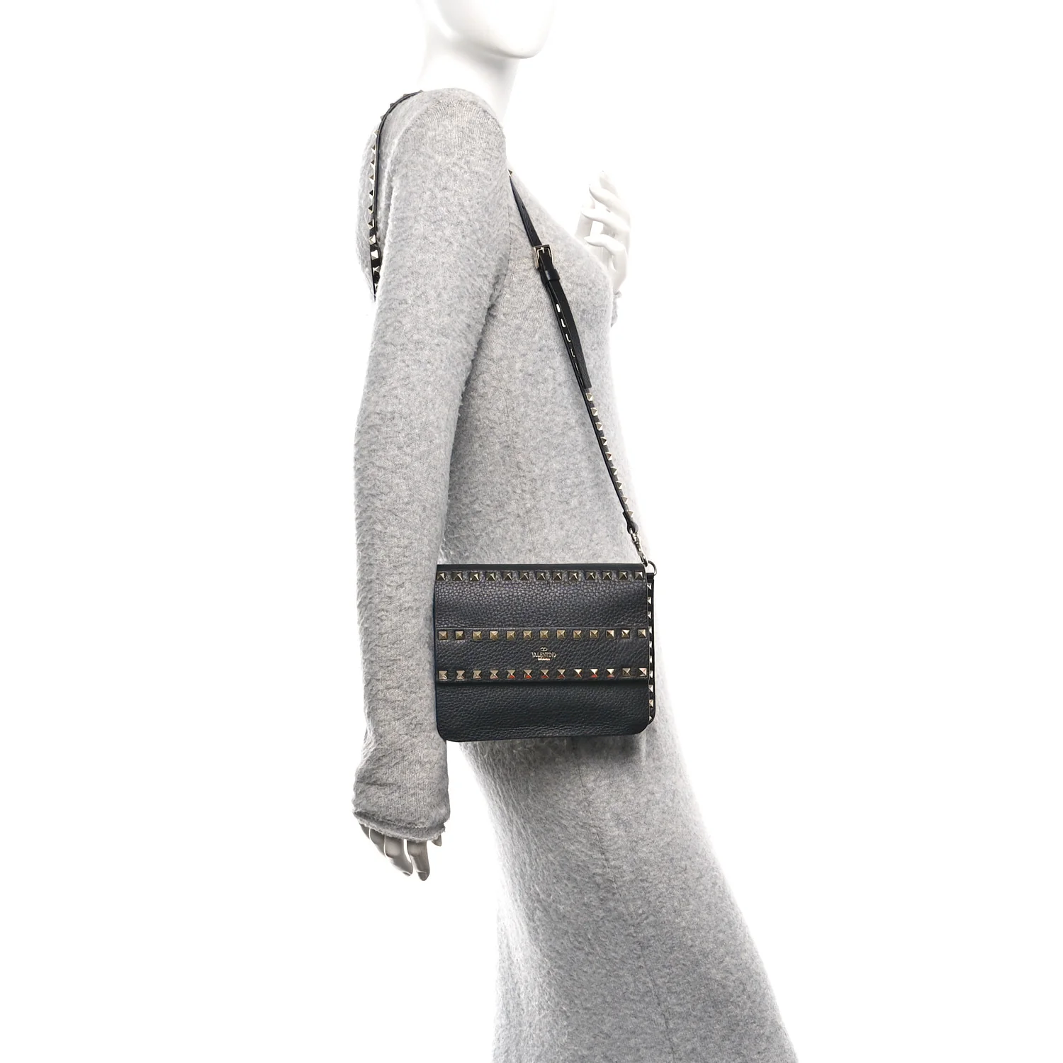 Grainy Calfskin Rockstud Flap Crossbody Bag Black - Image 2