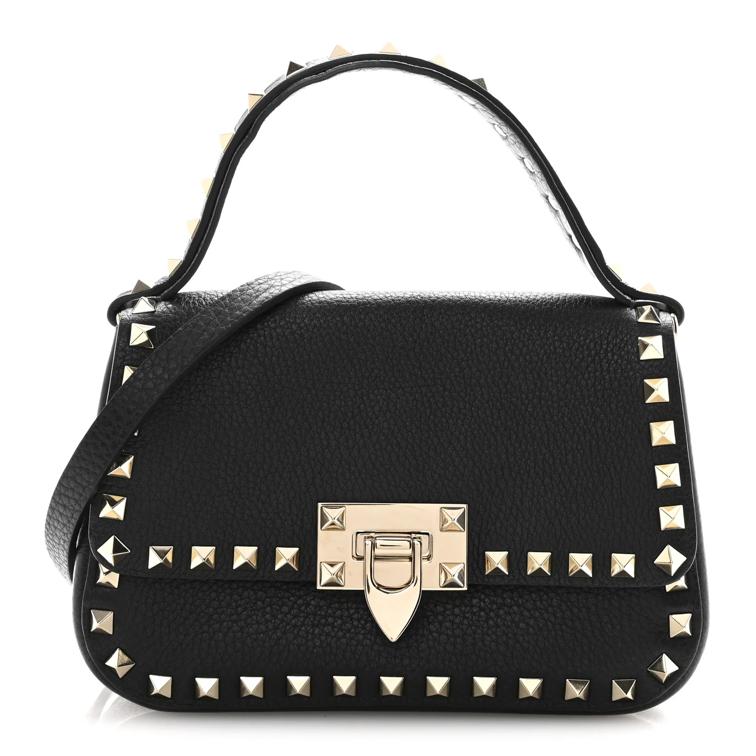 Grainy Calfskin Small Rockstud Top Handle Bag Black