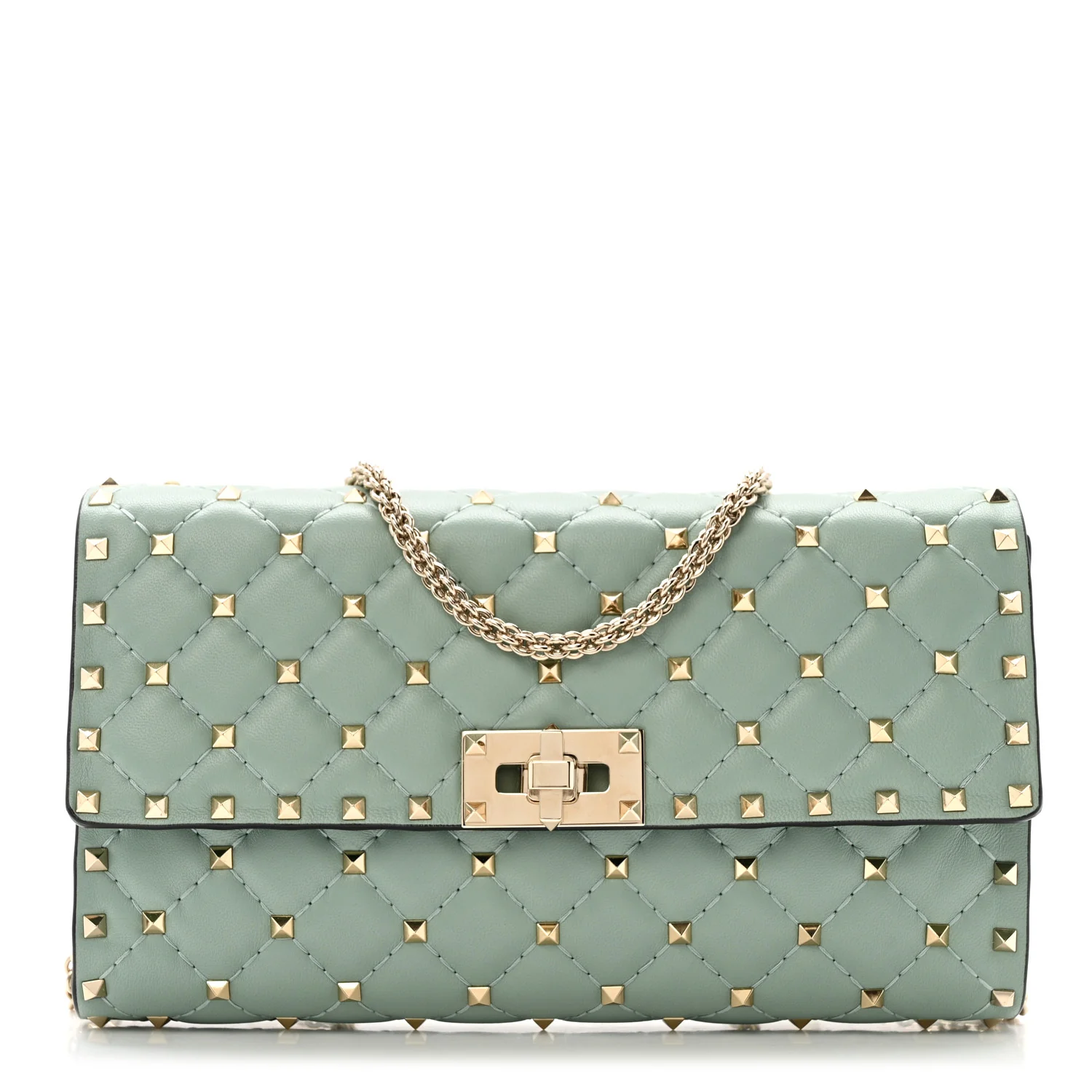 Lambskin Rockstud Spike Wallet on Chain Morning Dew
