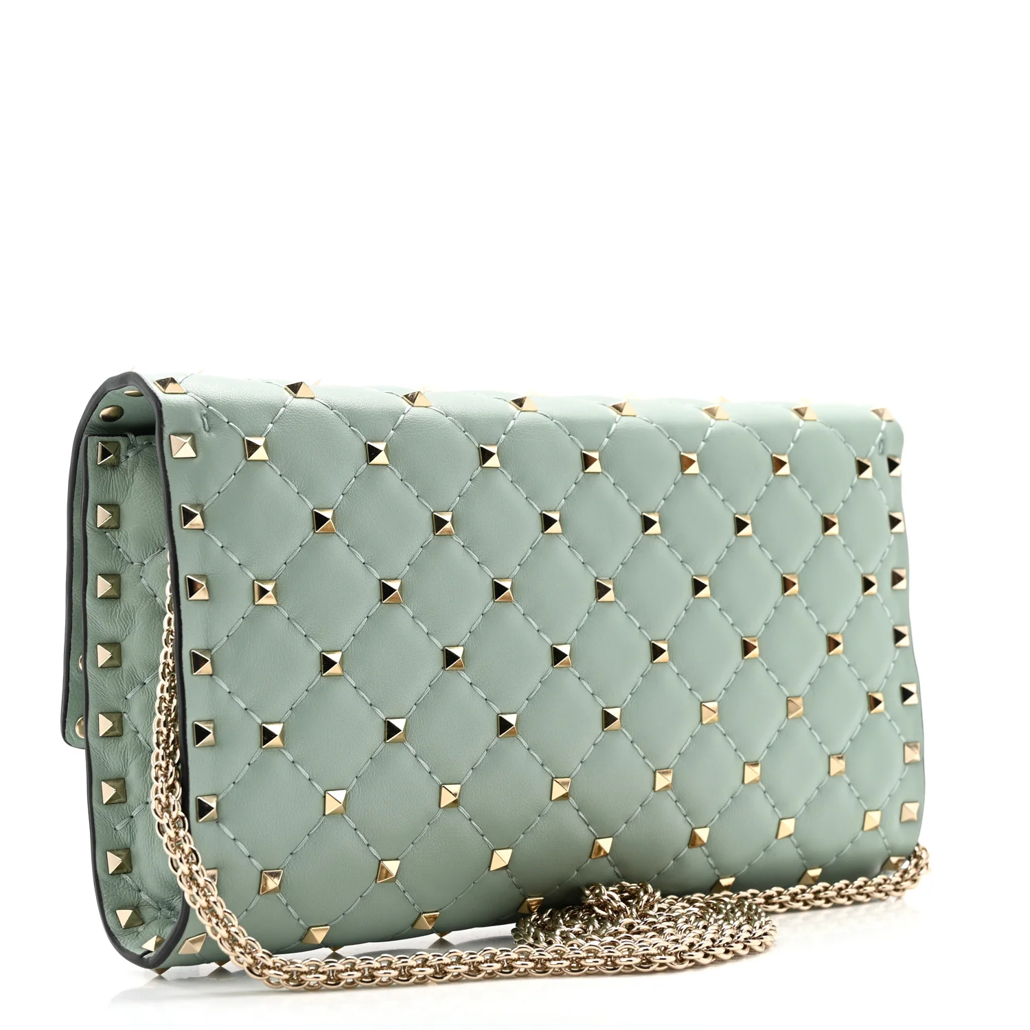 Lambskin Rockstud Spike Wallet on Chain Morning Dew - Image 3