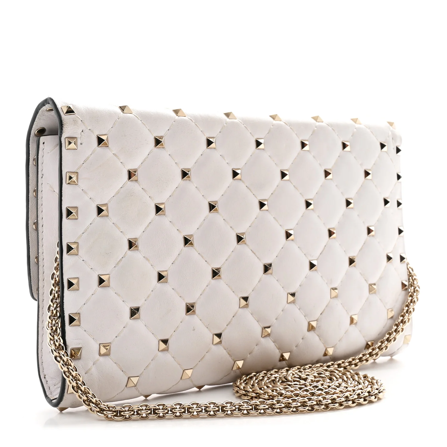 Lambskin VLTN Print Rockstud Spike Wallet On Chain White - Image 3