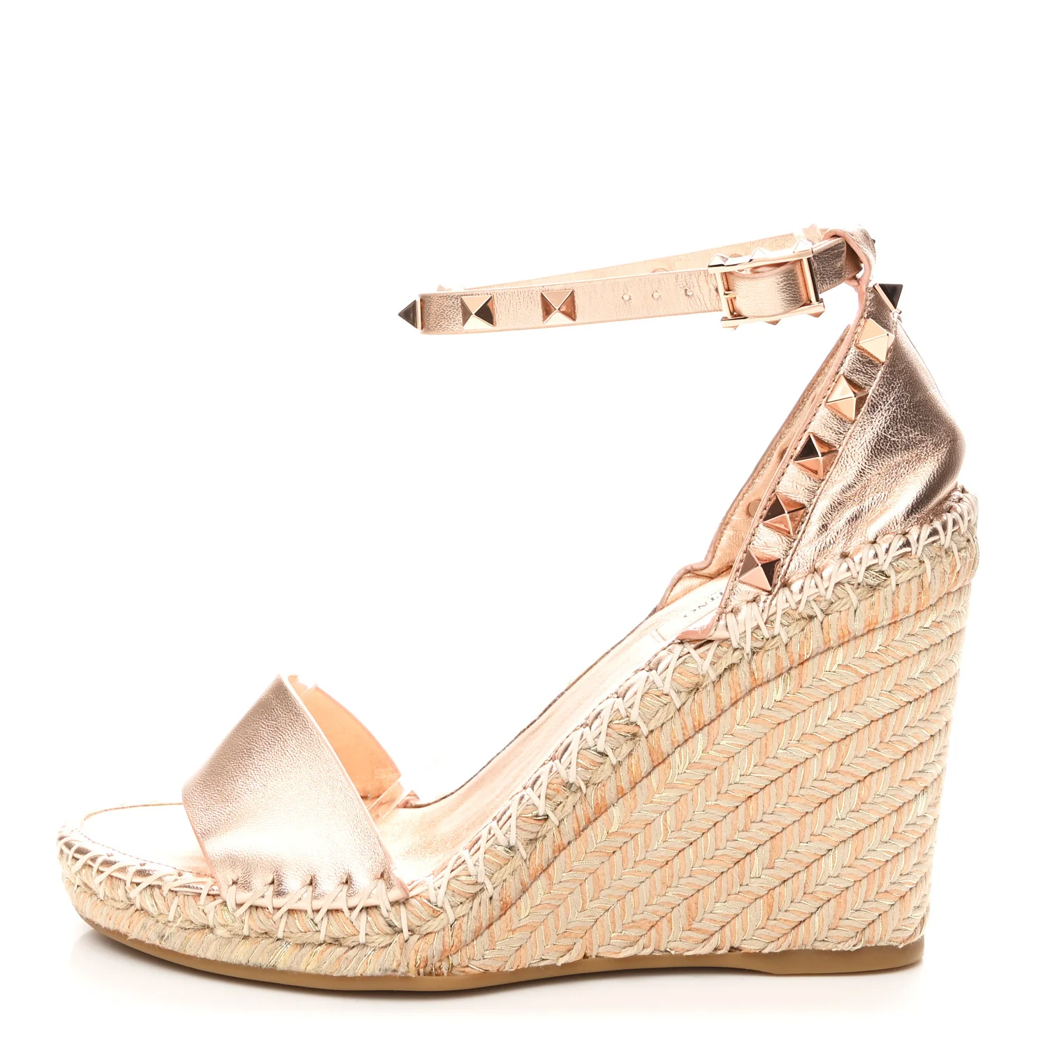 Metallic Grained Calfskin Rockstud Crisscross Ankle Strap Espadrille Wedge Sandals 37 Rame