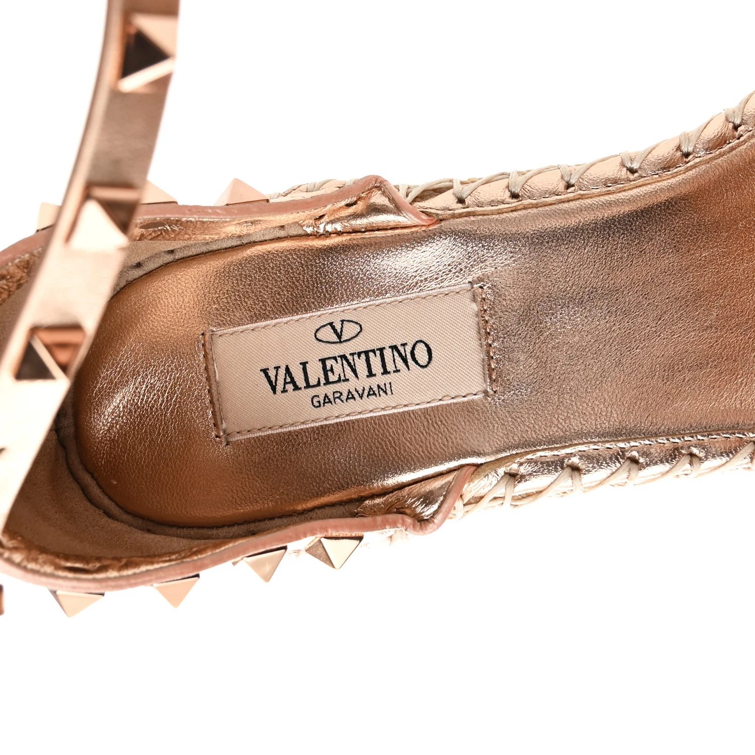 Metallic Grained Calfskin Rockstud Crisscross Ankle Strap Espadrille Wedge Sandals 37 Rame - Image 8