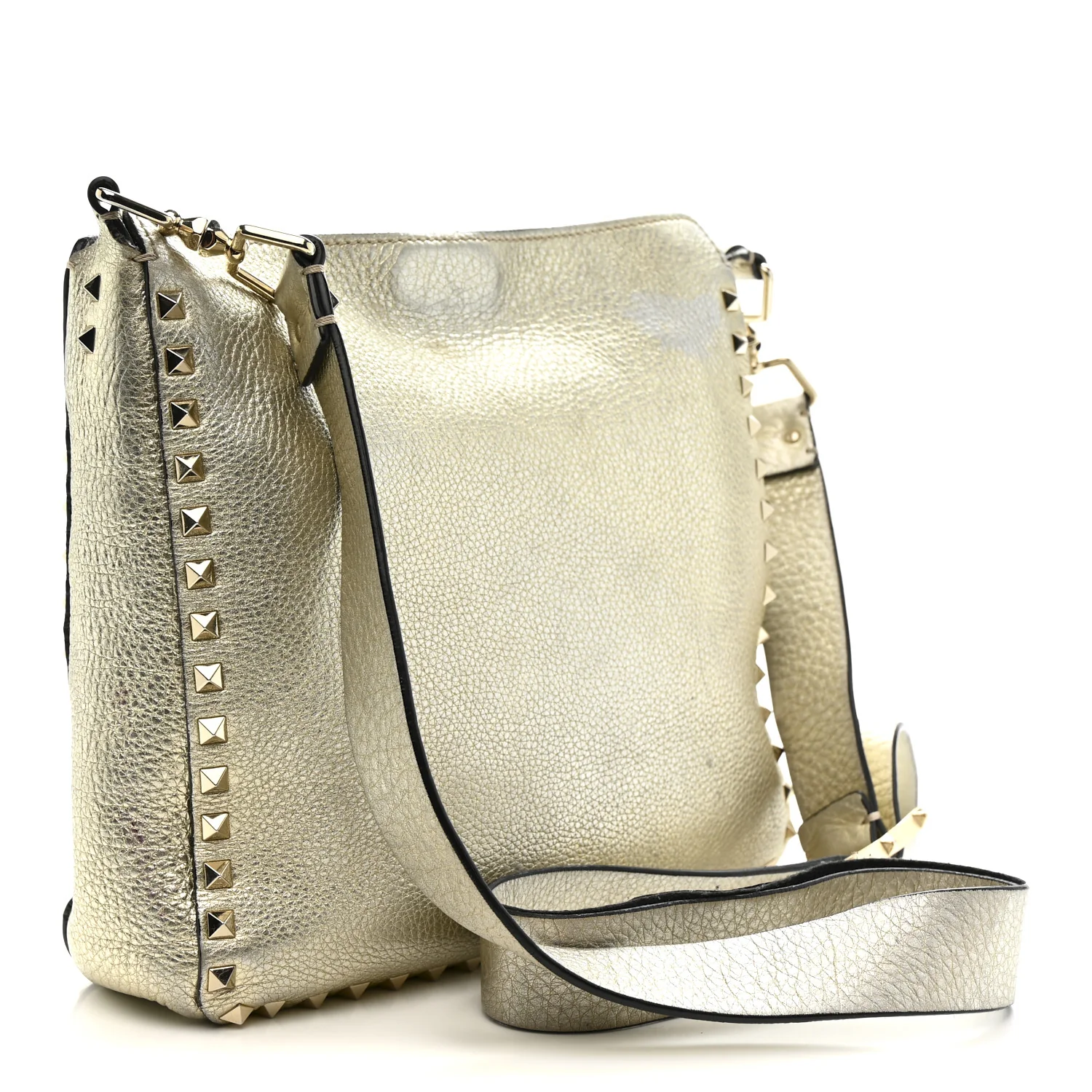 Metallic Pebbled Calfskin Small Rockstud Flip-Lock Messenger Bag Platino - Image 3