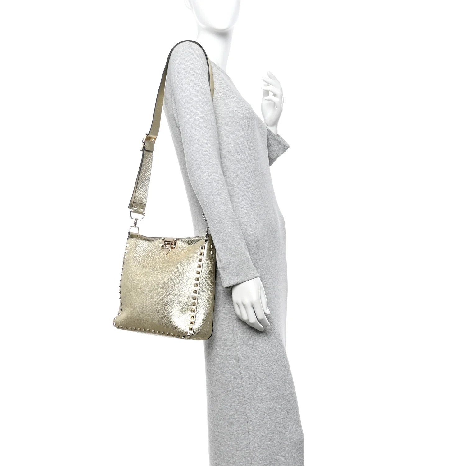 Metallic Pebbled Calfskin Small Rockstud Flip-Lock Messenger Bag Platino - Image 2
