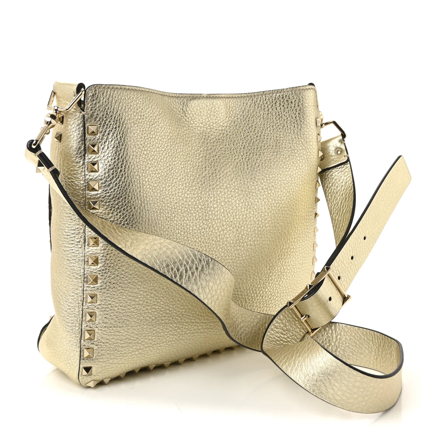 Metallic Pebbled Calfskin Small Rockstud Flip-Lock Messenger Bag Platino - Image 3