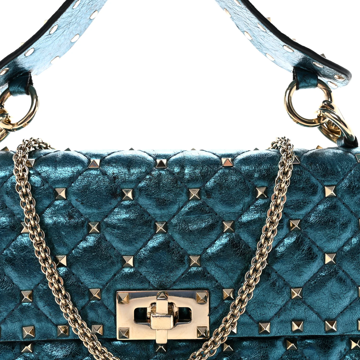 Metallic Wrinkled Lambskin Medium Rockstud Spike Shoulder Bag Peacock - Image 7