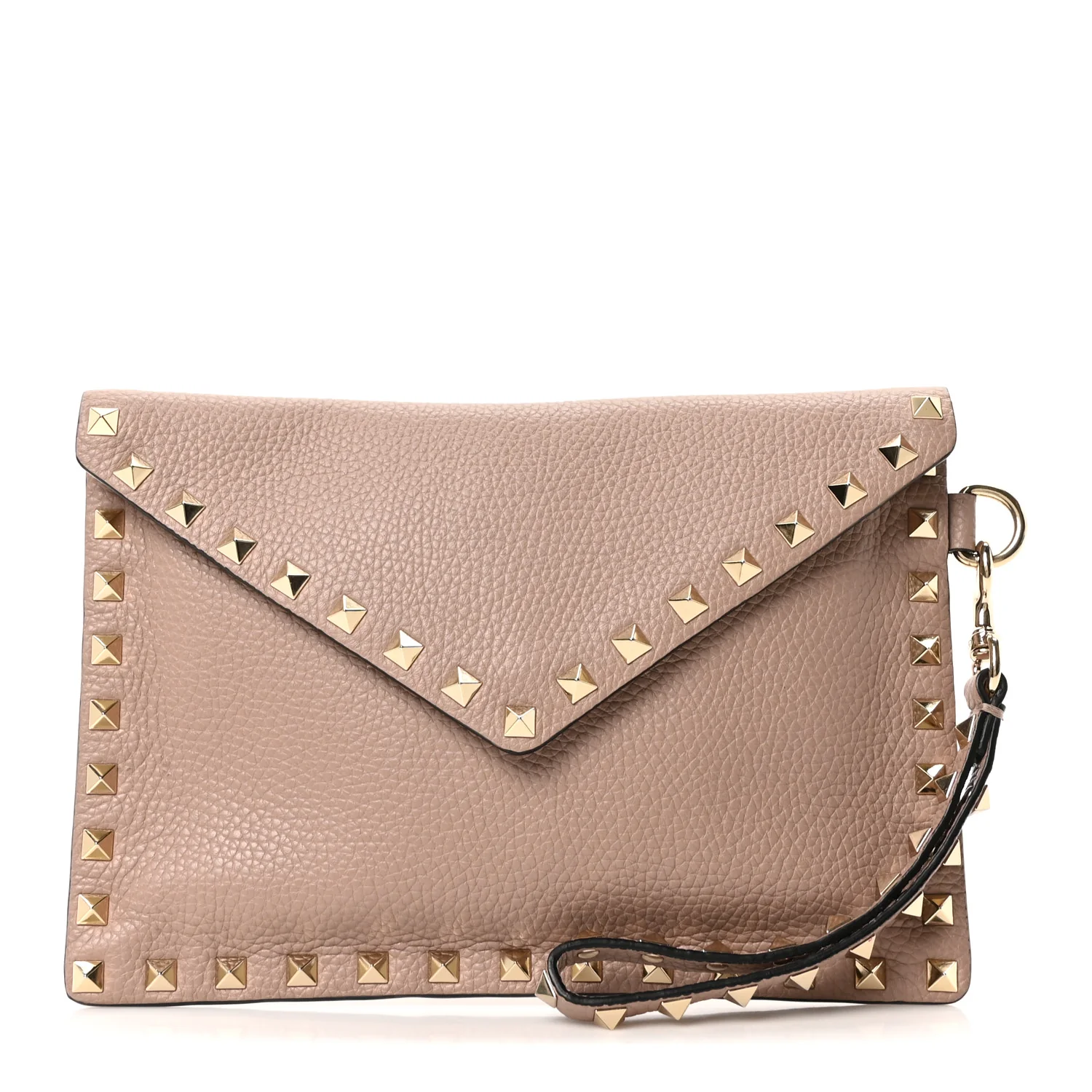 Pebbled Calfskin Medium Rockstud Envelope Flat Wristlet Pouch  Poudre