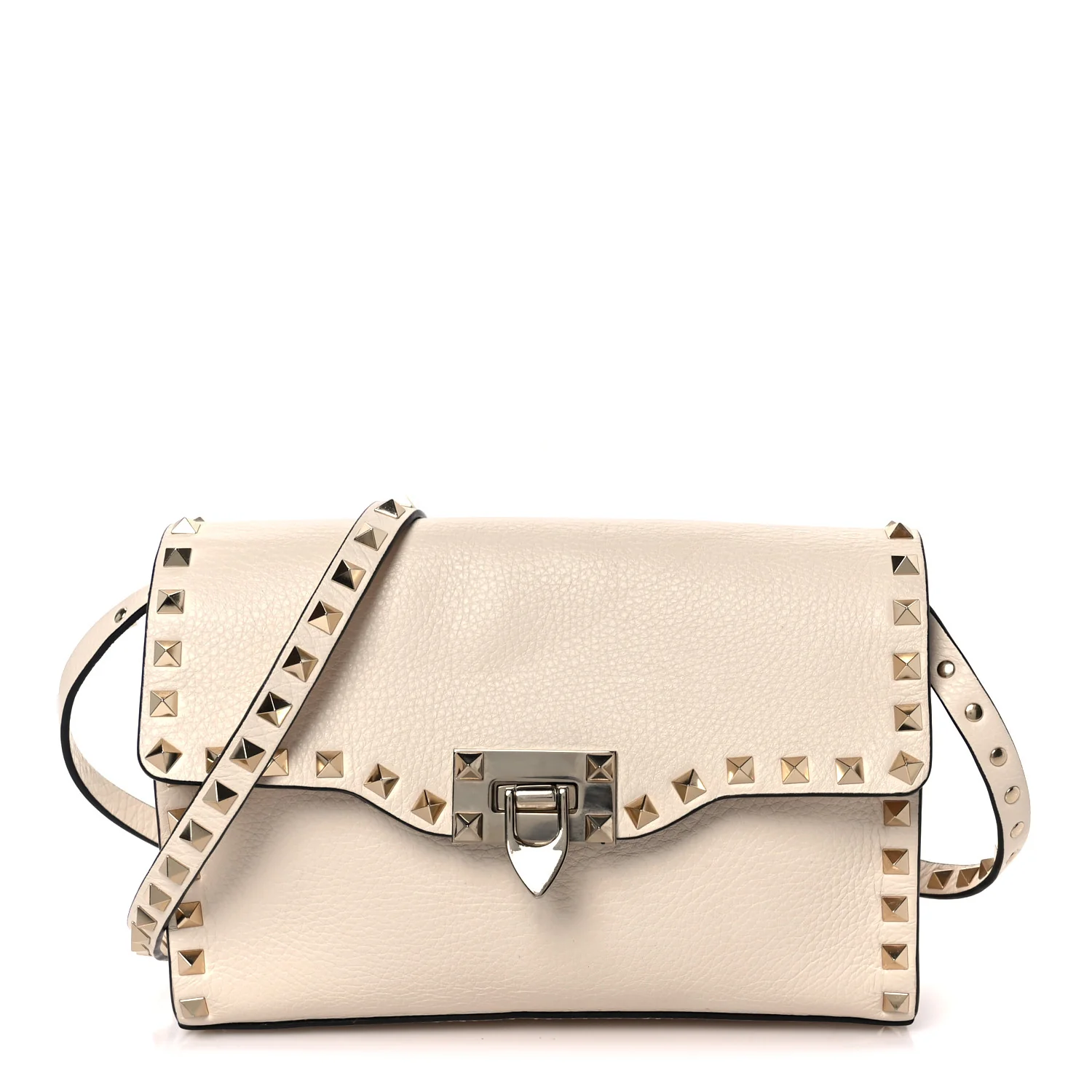 Pebbled Calfskin Medium Rockstud Flip Lock Crossbody Bag Light Ivory