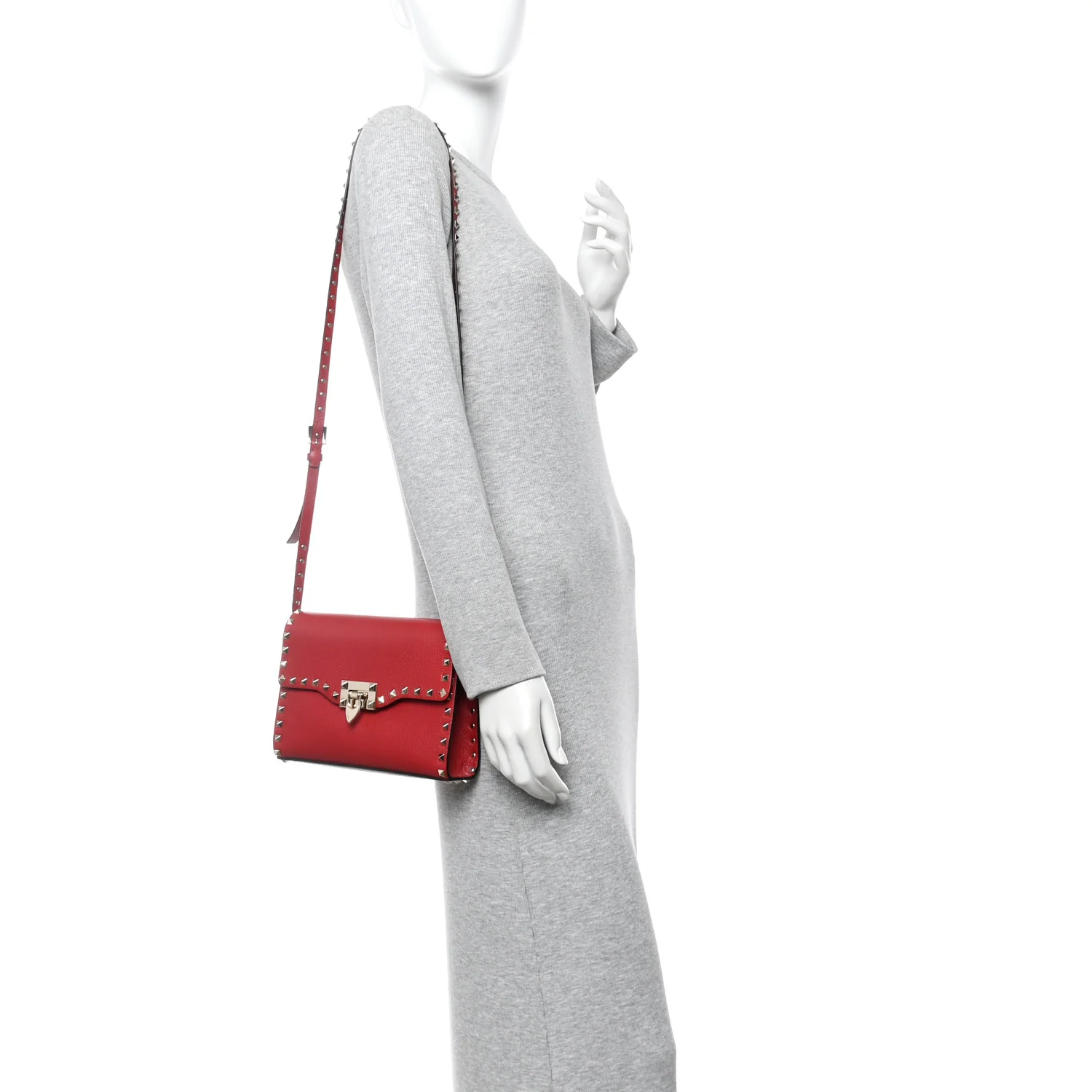 Pebbled Calfskin Medium Rockstud Flip Lock Crossbody Bag Red - Image 2