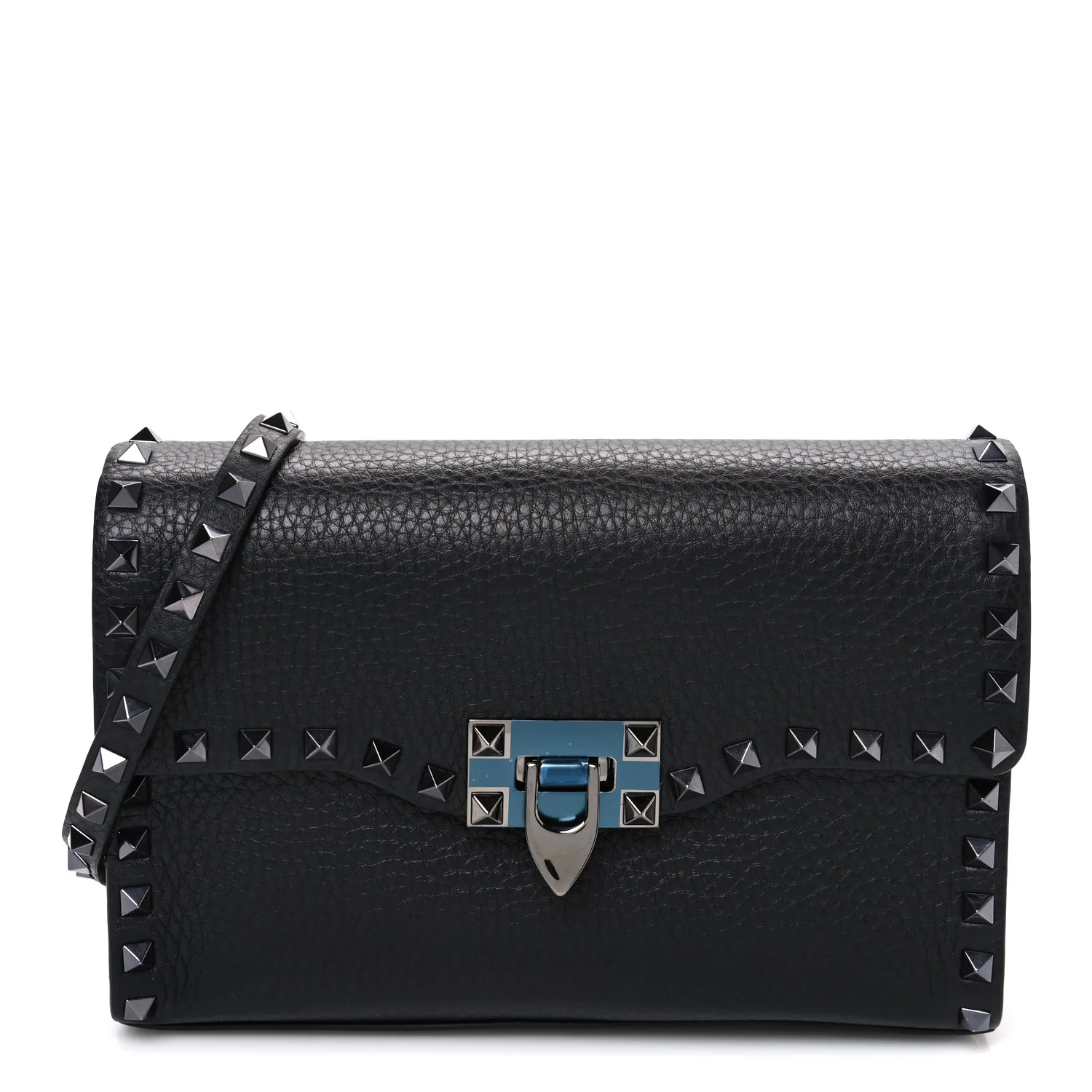 Pebbled Calfskin Monochrome Medium Rockstud Flip Lock Crossbody Bag Black