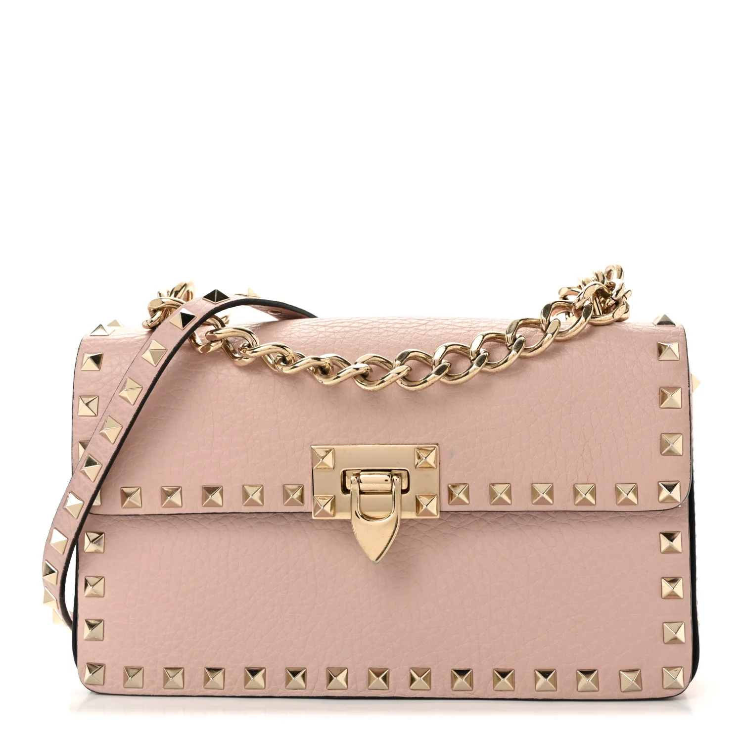 Pebbled Calfskin Rockstud Flip Lock Chain Crossbody Bag Poudre