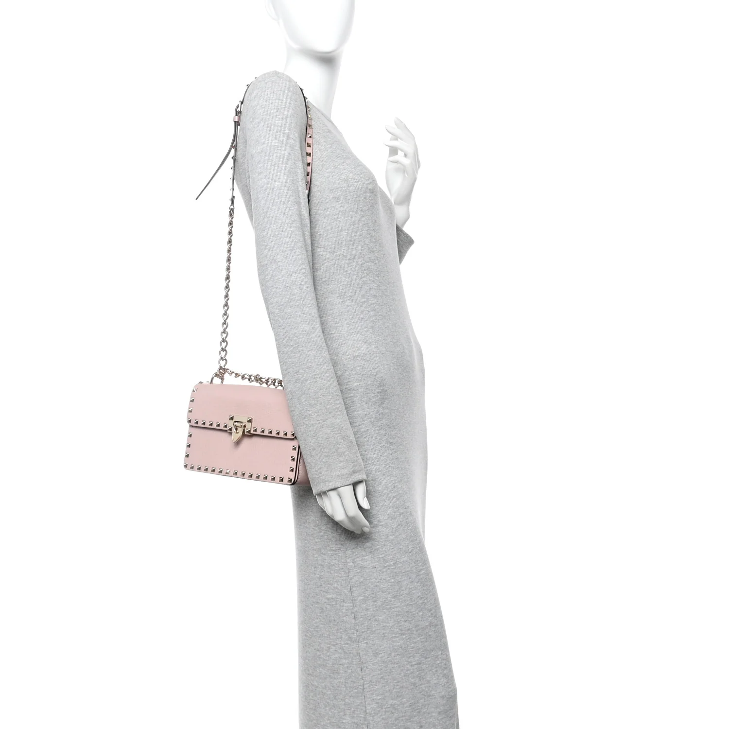 Pebbled Calfskin Rockstud Flip Lock Chain Crossbody Bag Poudre - Image 2