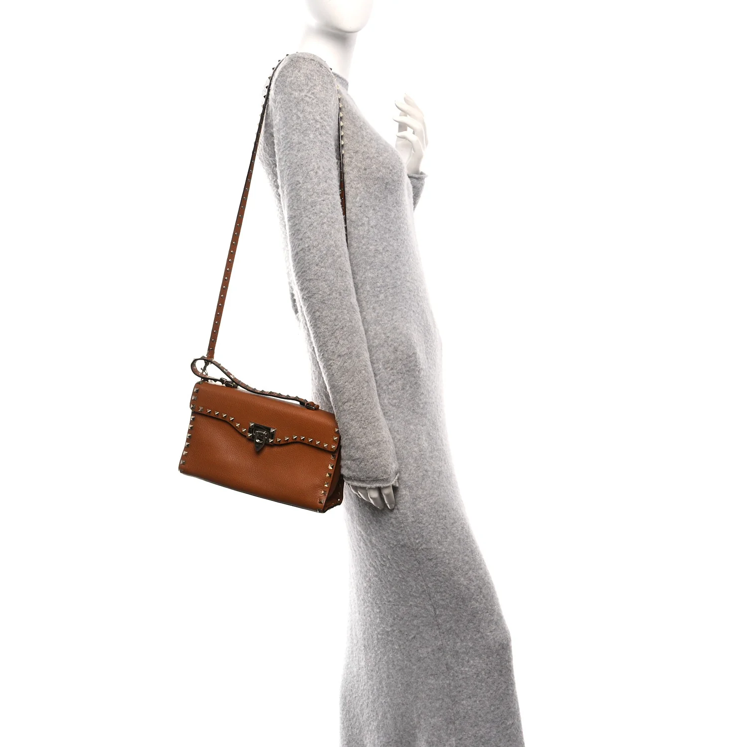 Pebbled Calfskin Rockstud Flip Lock Top Handle Bag Cognac - Image 2