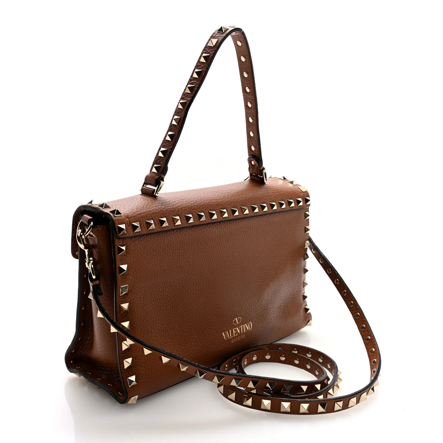 Pebbled Calfskin Rockstud Flip Lock Top Handle Bag Cognac - Image 3