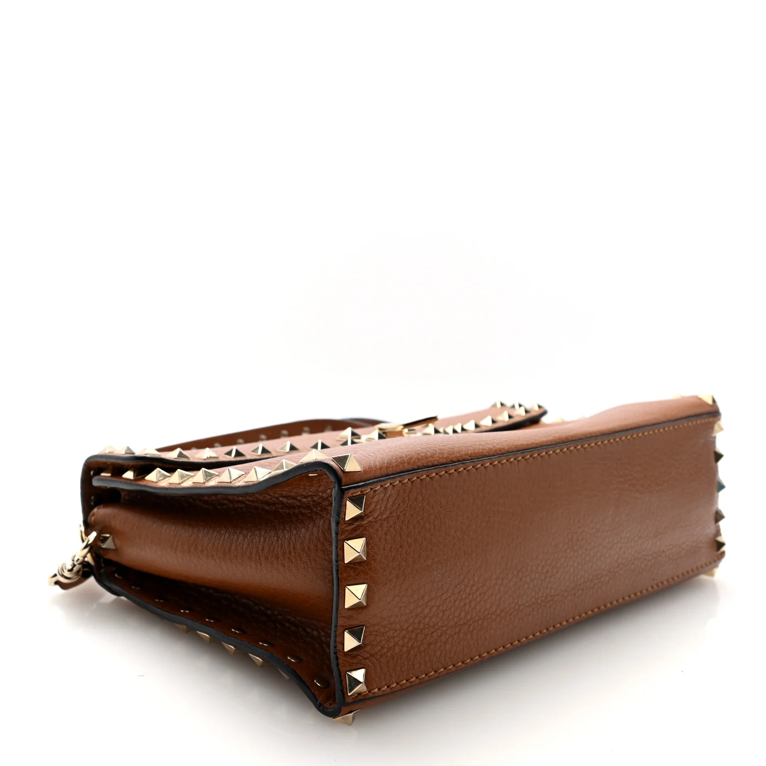Pebbled Calfskin Rockstud Flip Lock Top Handle Bag Cognac - Image 4