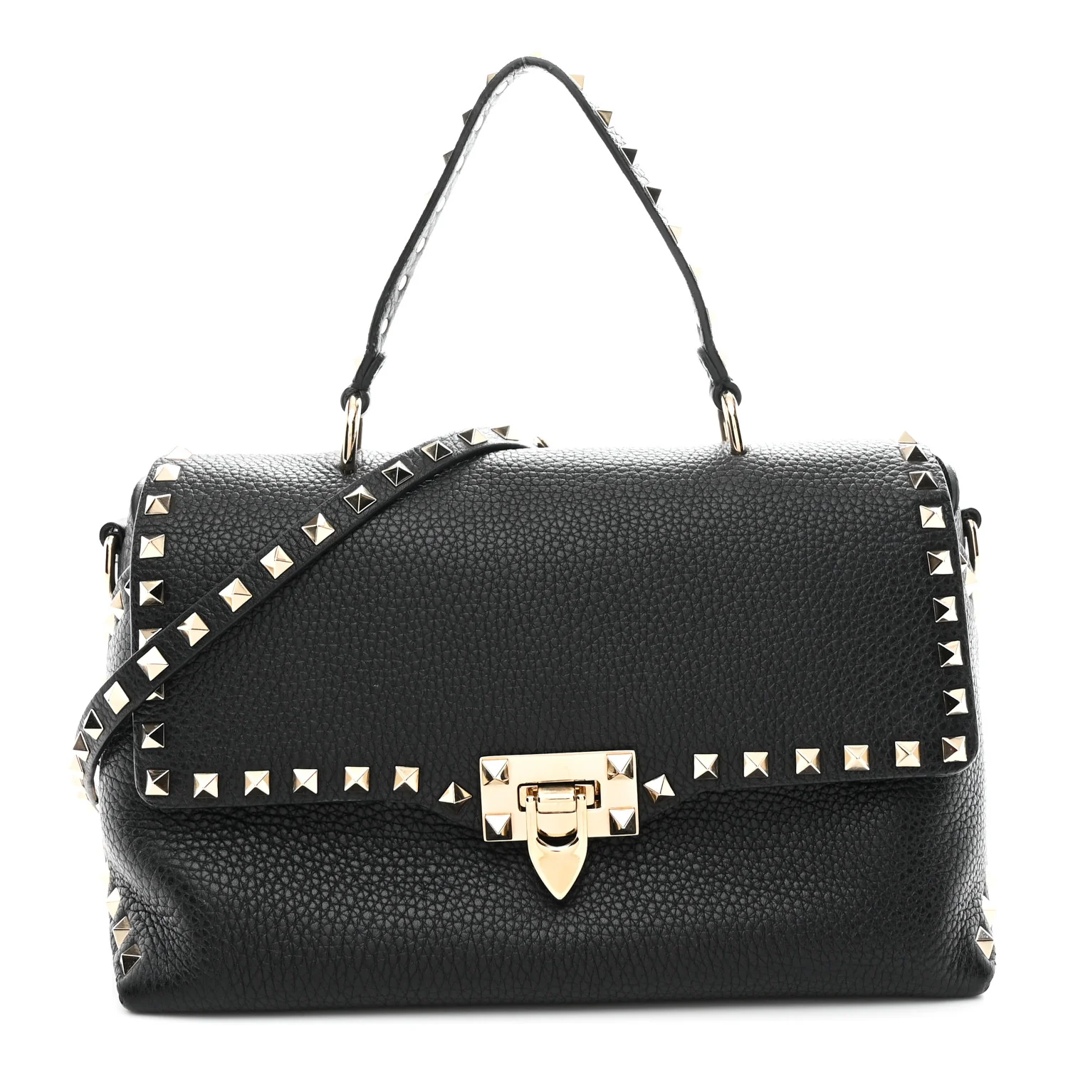 Pebbled Calfskin Rockstud Single Handle Flap Bag Black