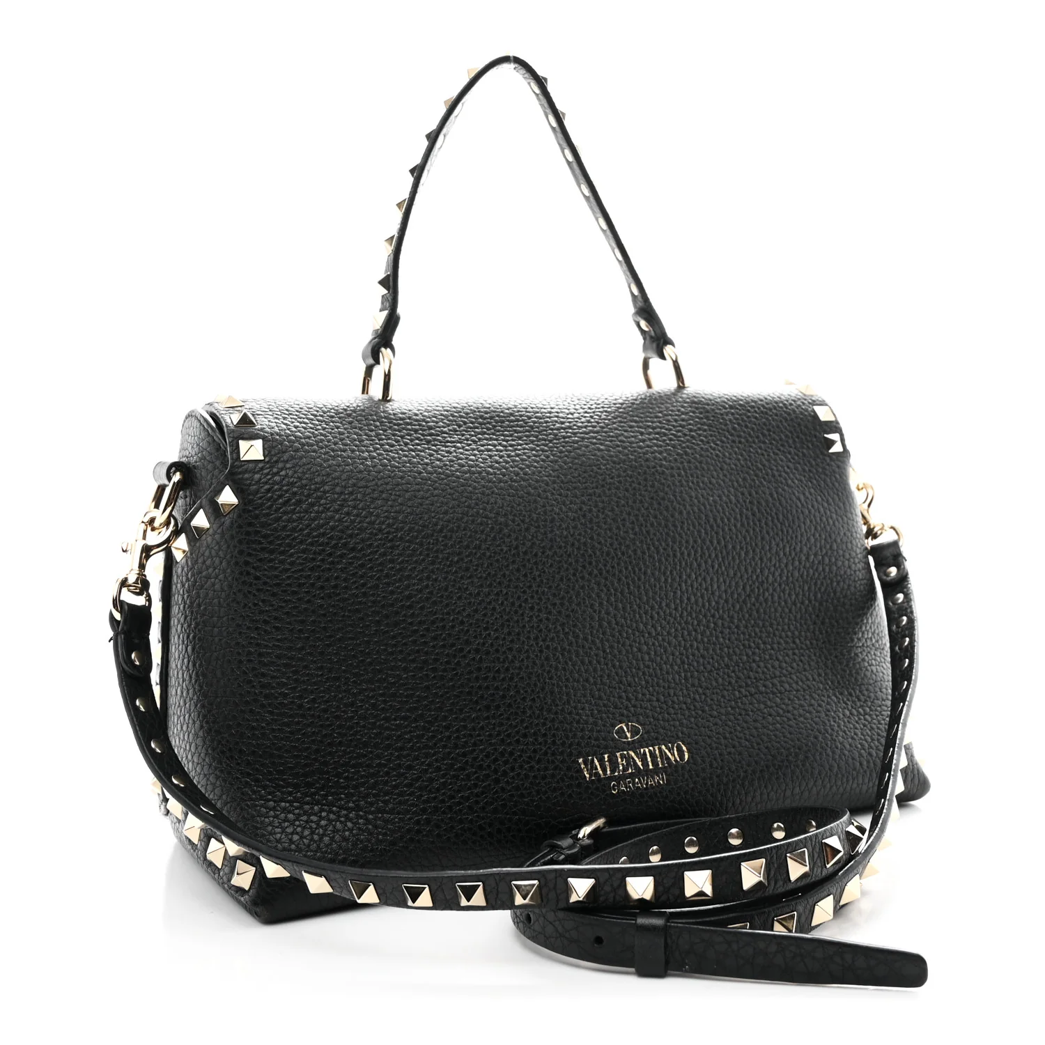 Pebbled Calfskin Rockstud Single Handle Flap Bag Black - Image 3