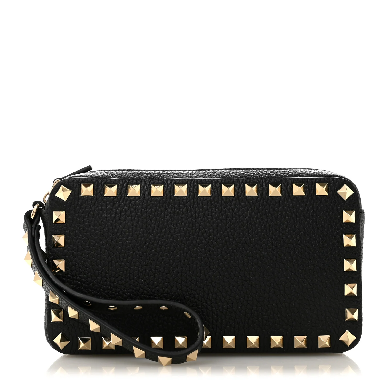 Pebbled Calfskin Rockstud Wristlet Zip Pouch Black