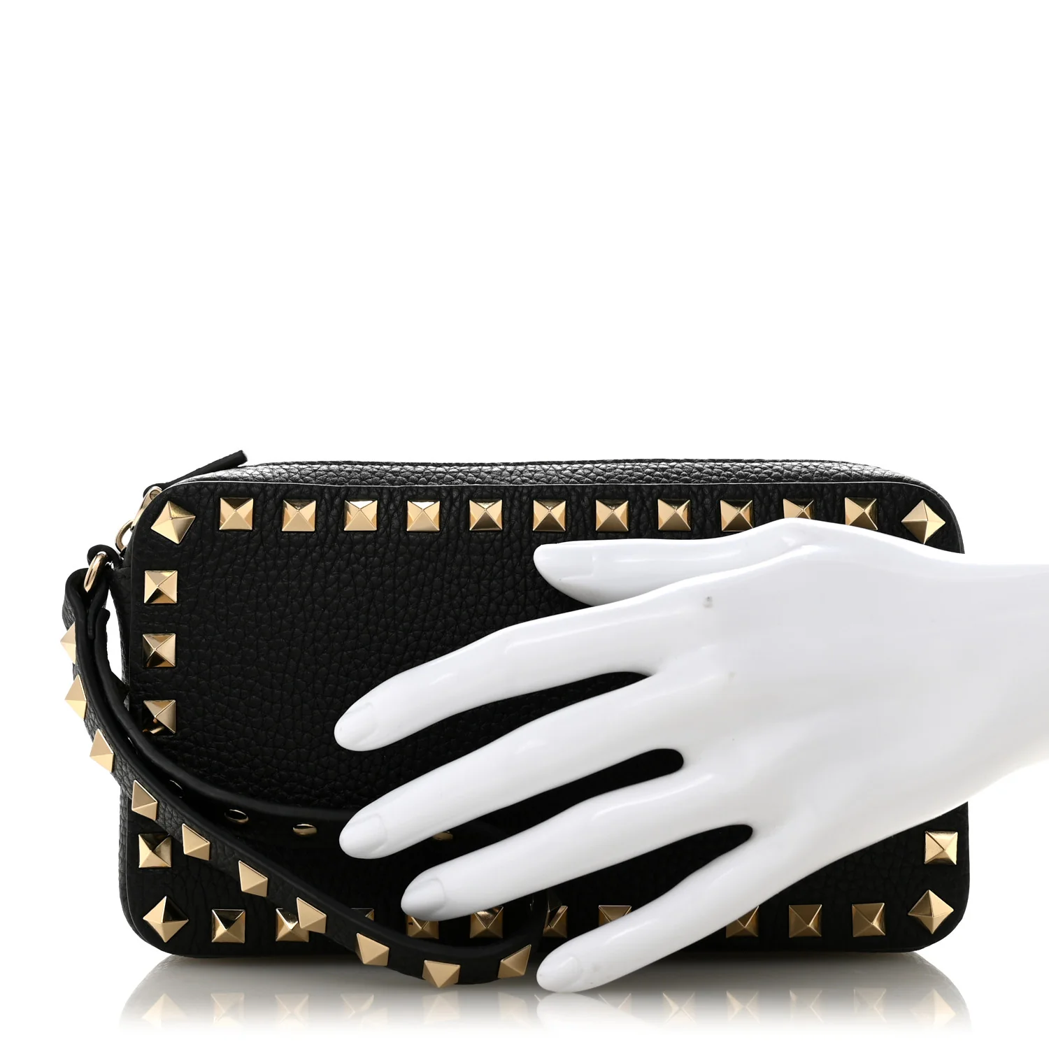 Pebbled Calfskin Rockstud Wristlet Zip Pouch Black - Image 2