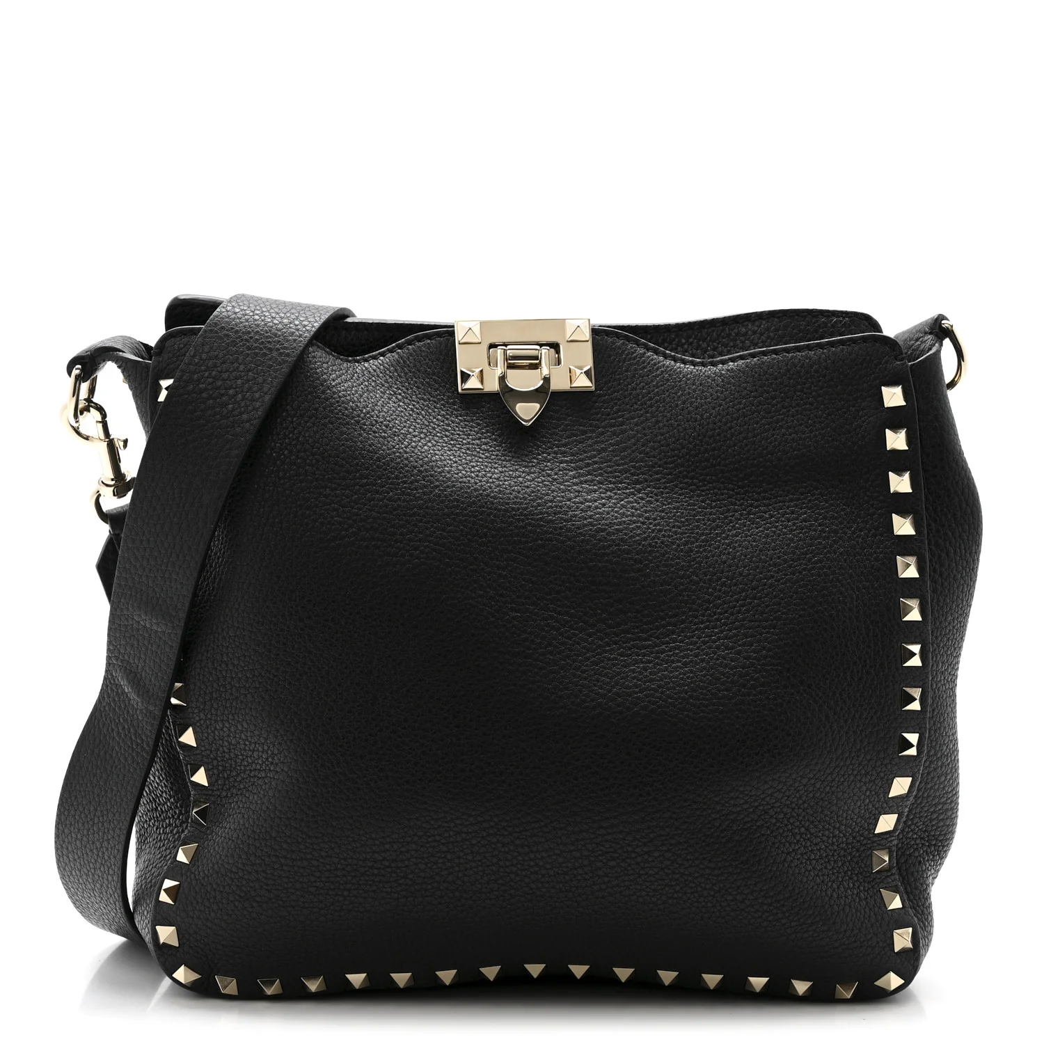 Pebbled Calfskin Small Rockstud Flip-Lock Messenger Bag Black